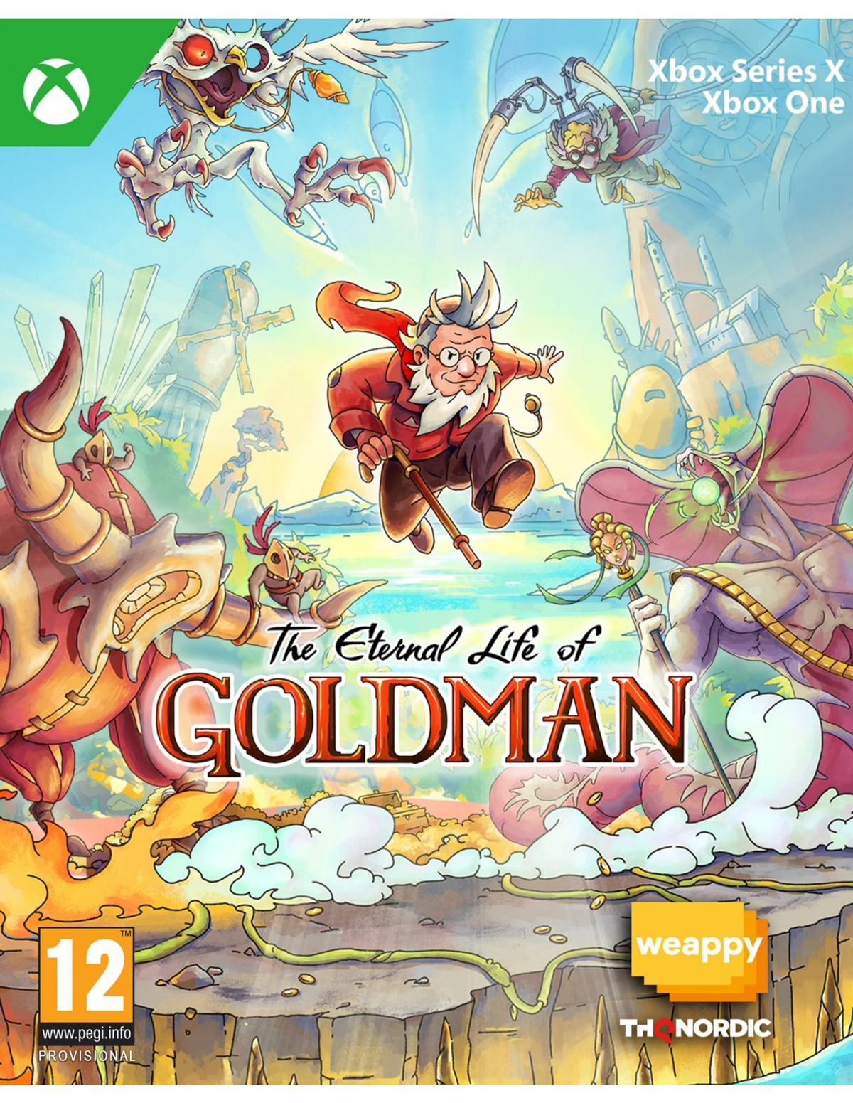 Grafika pudełka gry 'The Eternal Life of Goldman', z postaciami z kreskówek, białe tło.