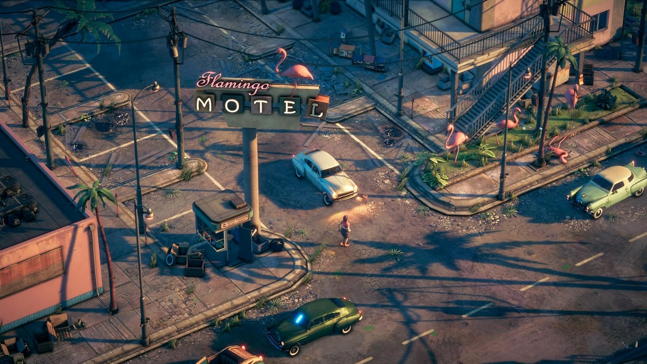 Vista isométrica de calle con coches antiguos y letrero de Flamingo Motel.
