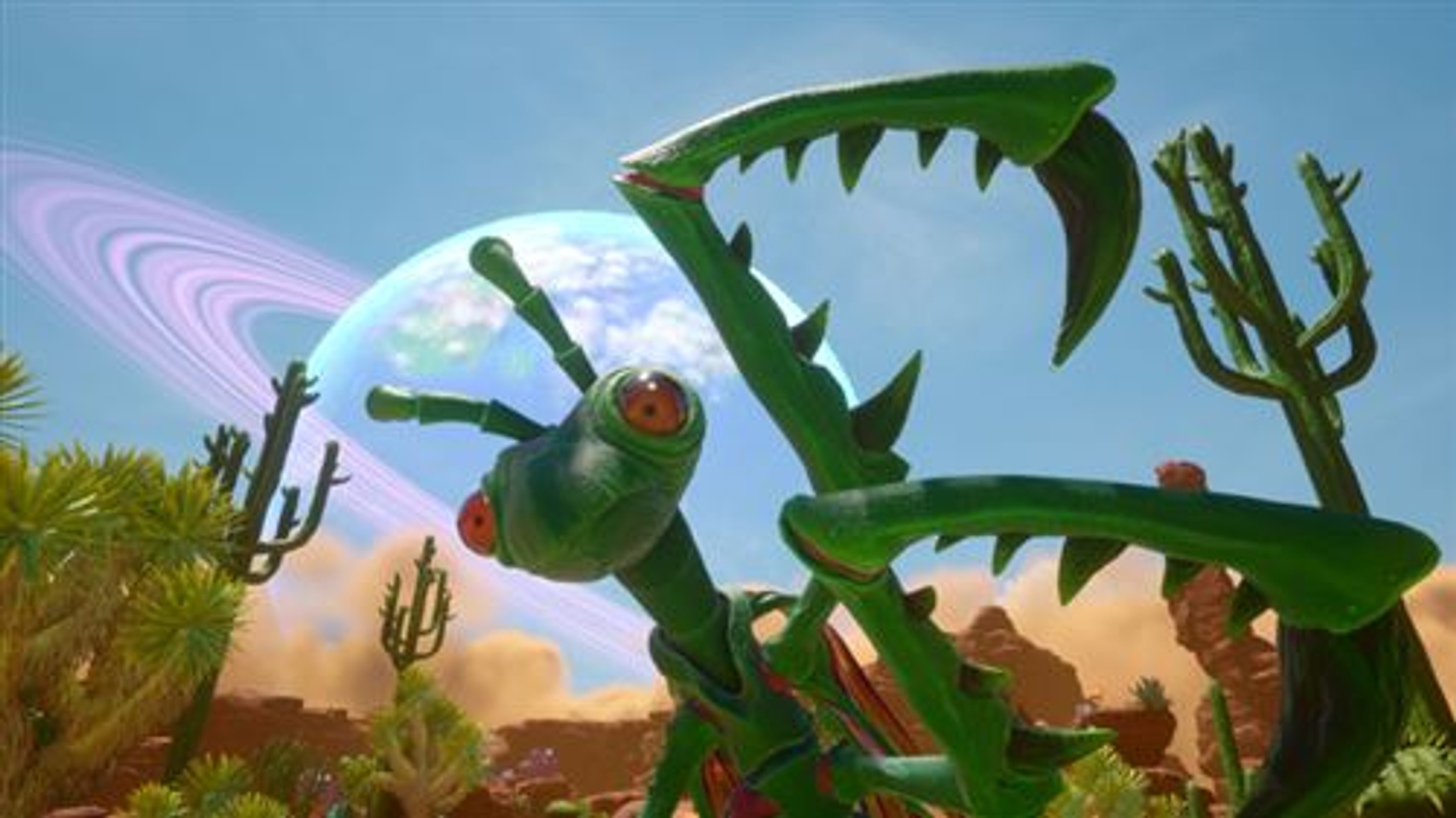 Zielone obce stworzenie modliszki w kolorowym, animowanym otoczeniu.