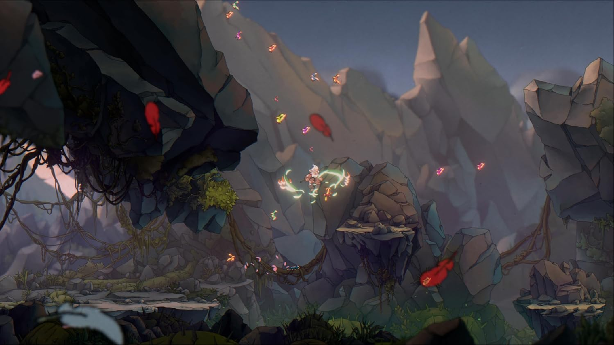 Animowana scena postaci walczącej w skalistym krajobrazie z latającymi stworzeniami.