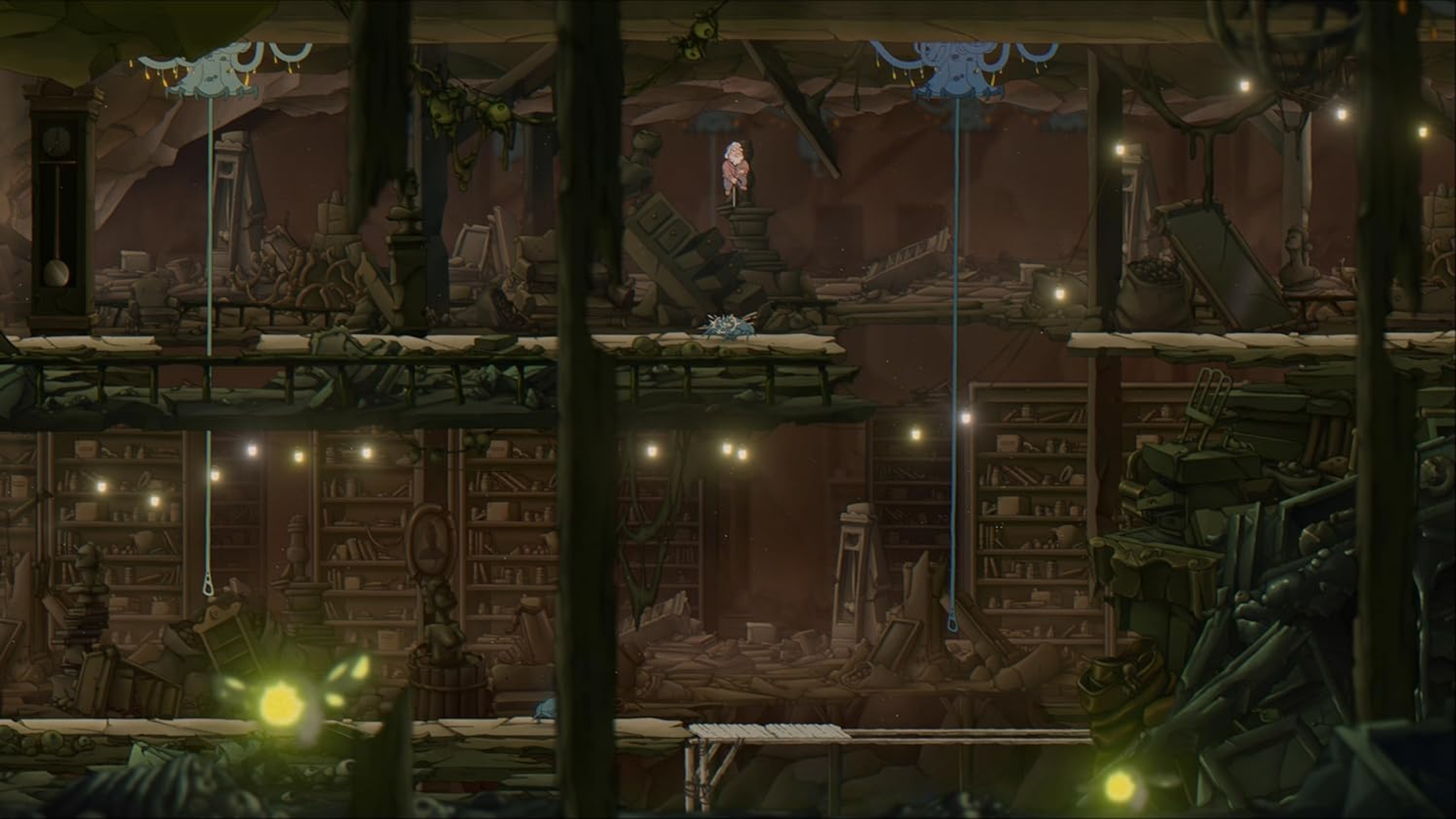 Scena z gry przewijanej w bok. Postać przechodzi przez zrujnowaną, brązową strukturę przypominającą bibliotekę.