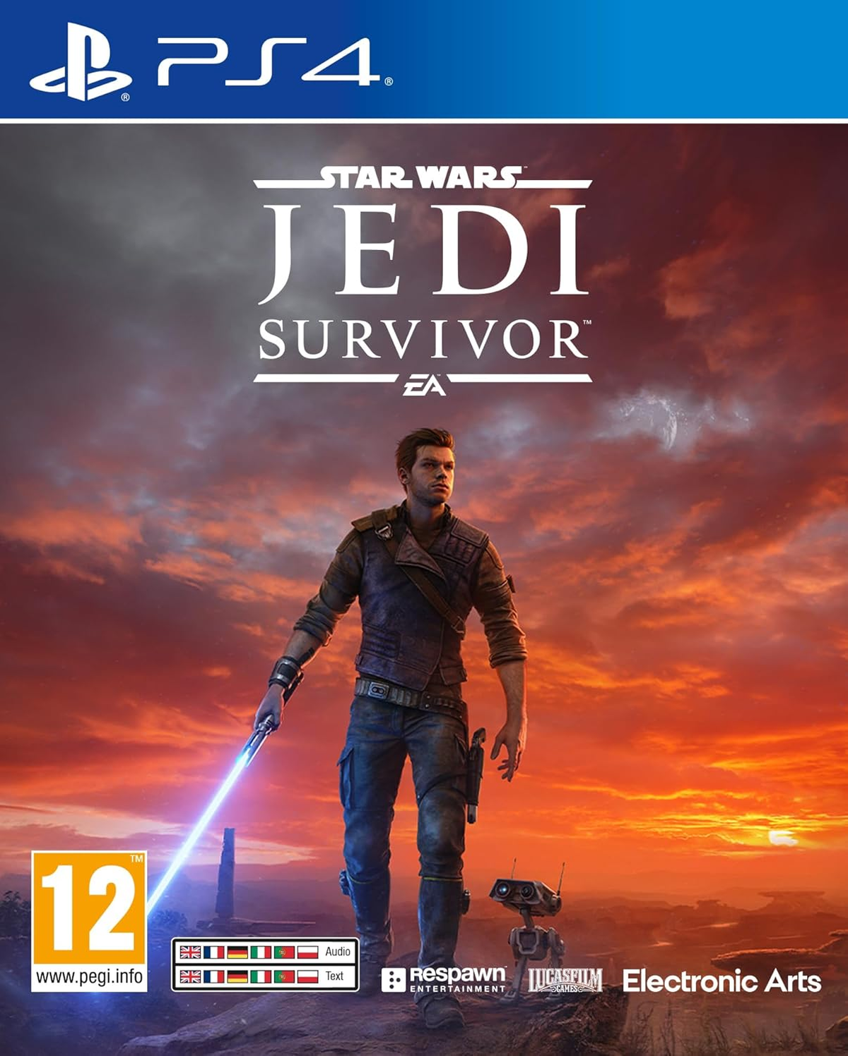 Pudełko gry PS4 Star Wars Jedi: Survivor z mężczyzną z mieczem świetlnym na tle zachodu słońca.