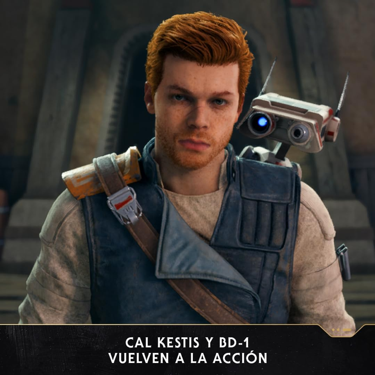 Cal Kestis i BD-1 z Gwiezdnych Wojen, pozujący w scenerii gry. Rude włosy i droid.