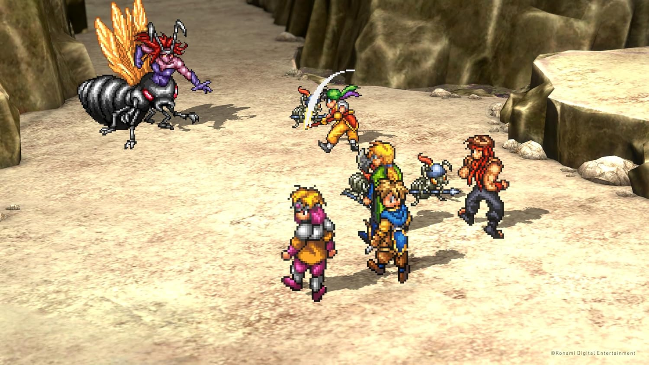 Escena de videojuego pixelada con varios personajes luchando contra un insecto grande y alado.