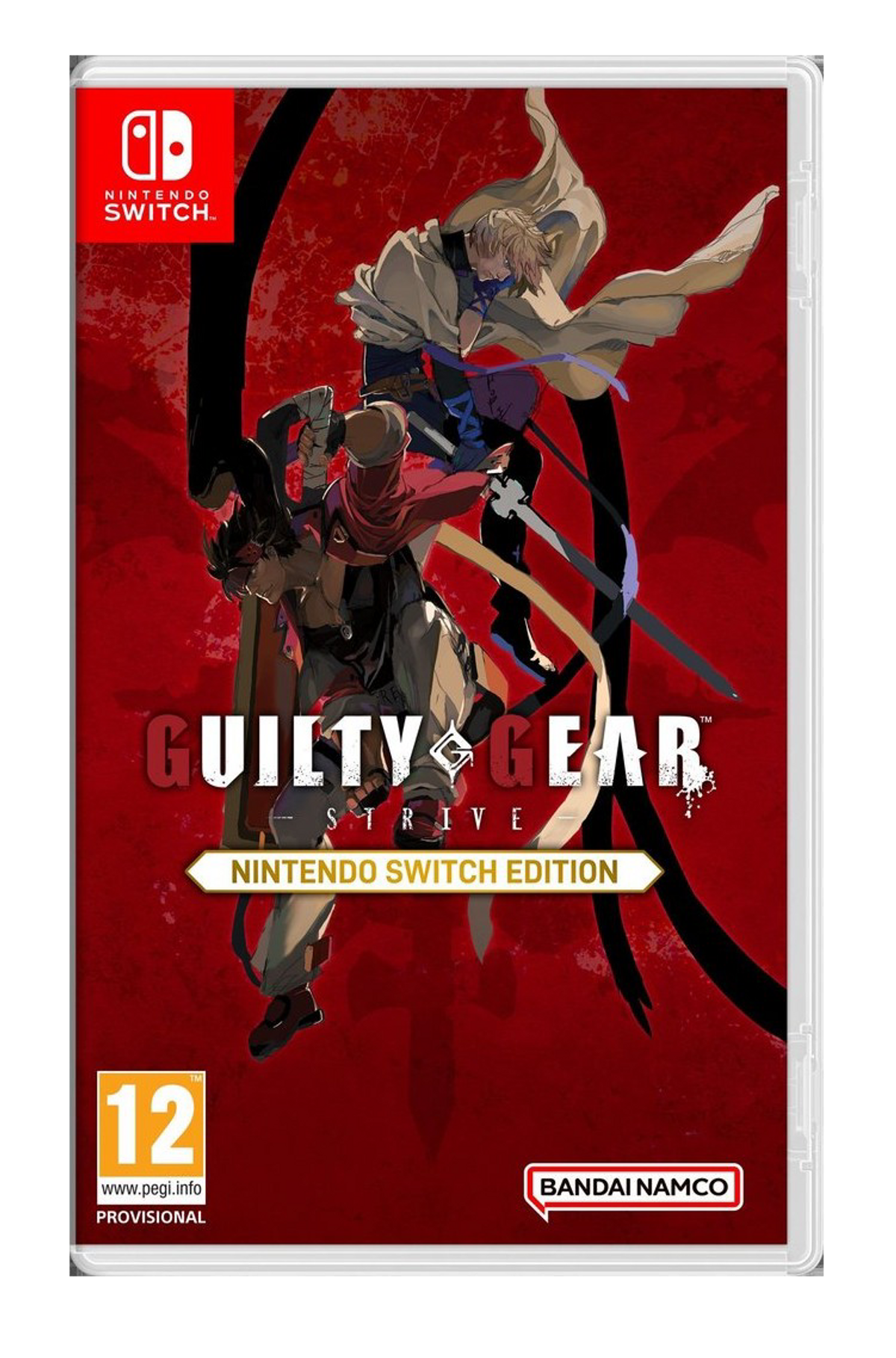 Okładka gry Guilty Gear Strive. Dwie walczące postacie, kolory czerwony i biały. Logo Nintendo Switch.