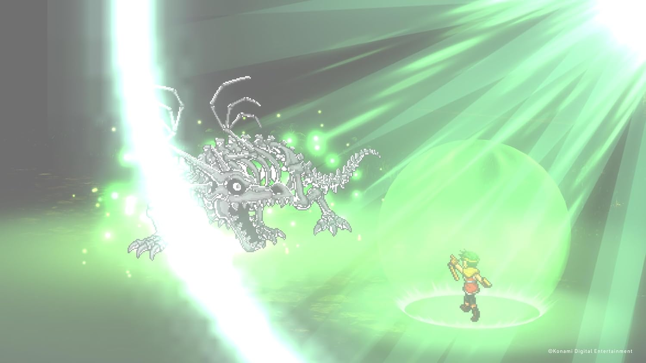 Imagen pixelada de un dragón esquelético disparando un rayo a un personaje dentro de una burbuja de energía verde. Fondo verde.