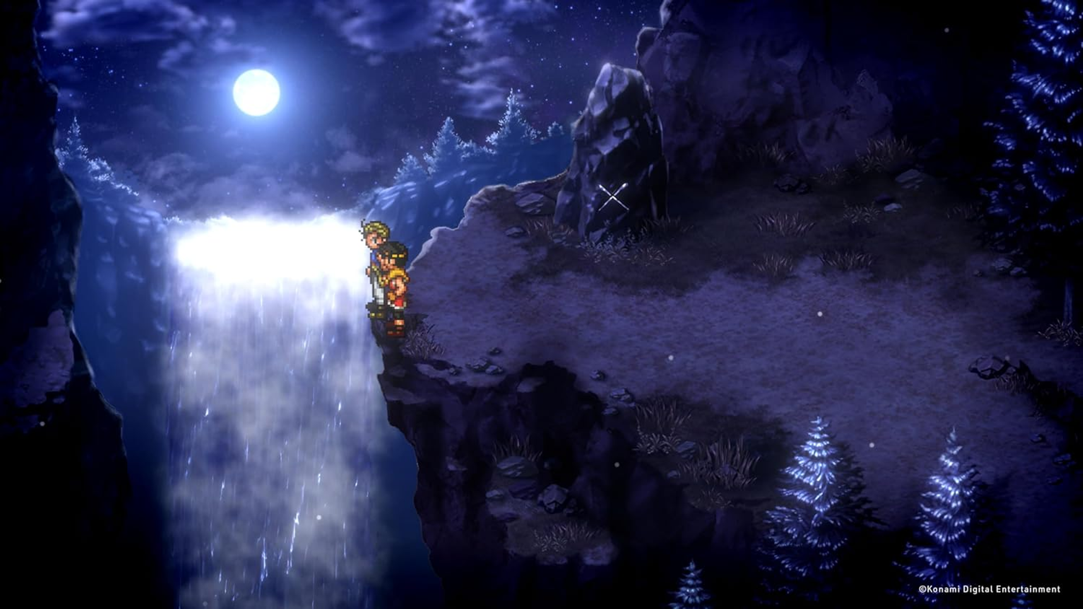Un paisaje nocturno con dos figuras en un acantilado, con vistas a una cascada.