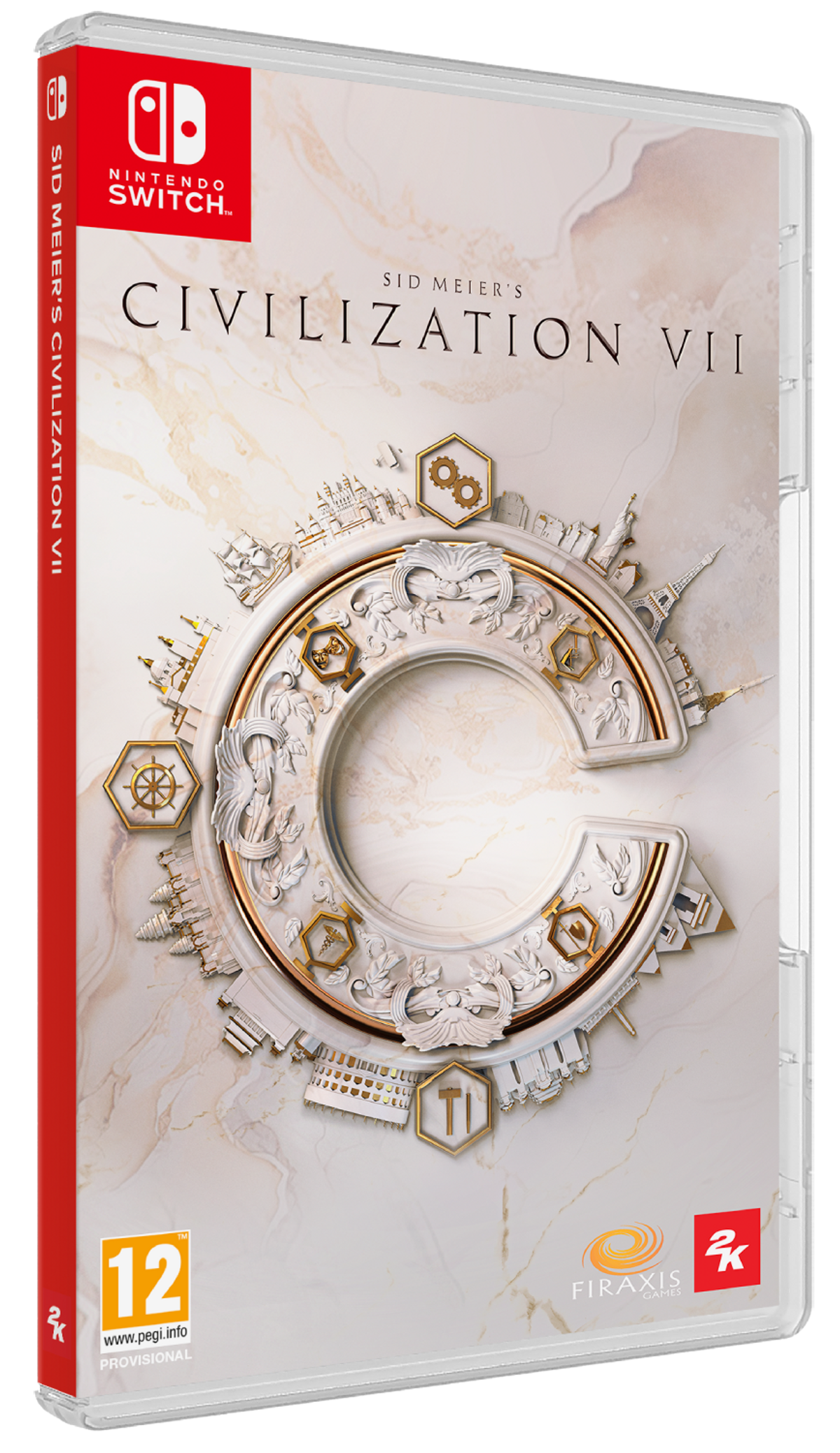 Artwork della scatola del gioco: 'Sid Meier's Civilization VII' per Nintendo Switch. Un design circolare bianco e oro.