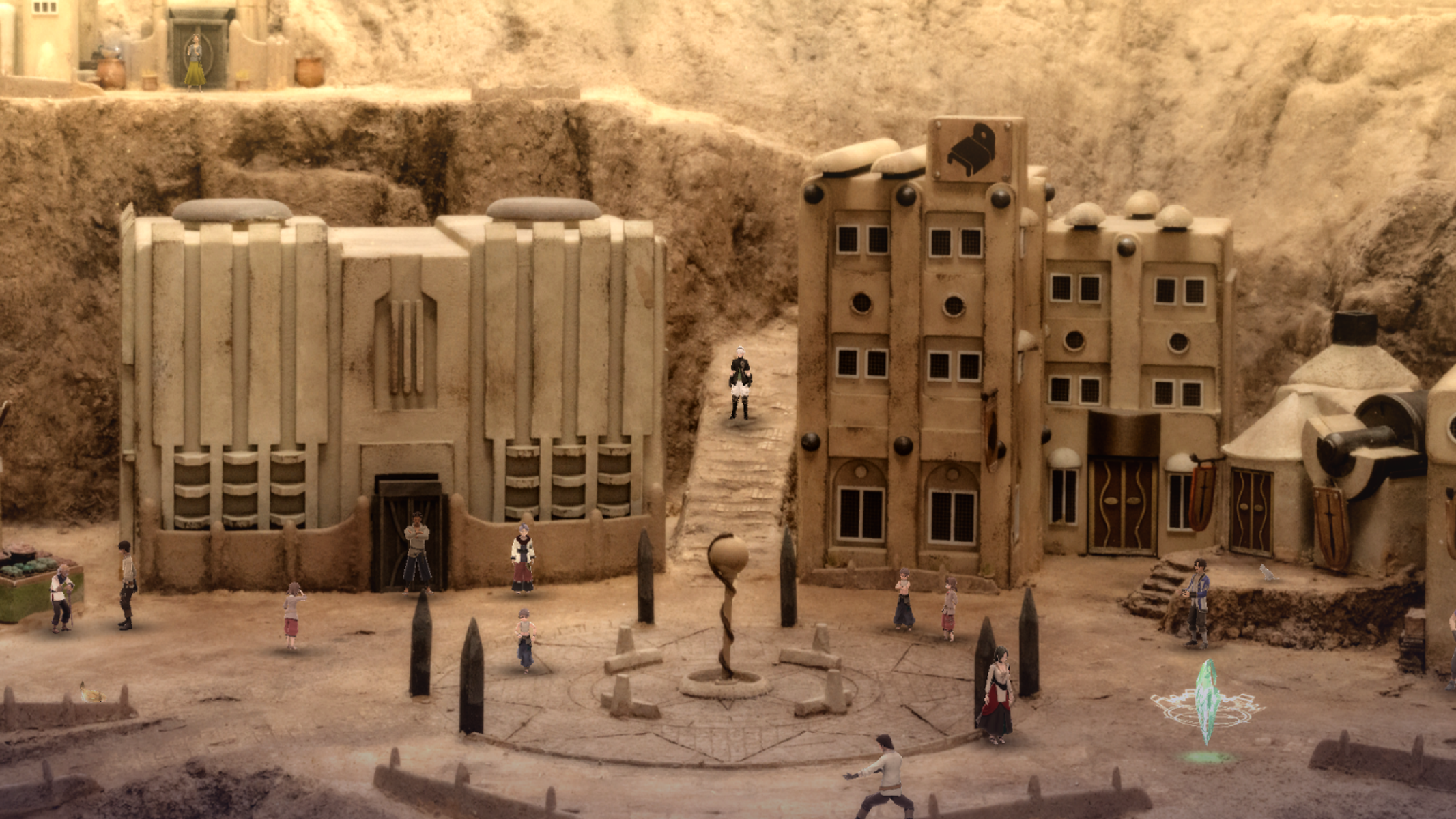 Una scena di un videogioco con edifici e diversi personaggi in un ambiente desertico.