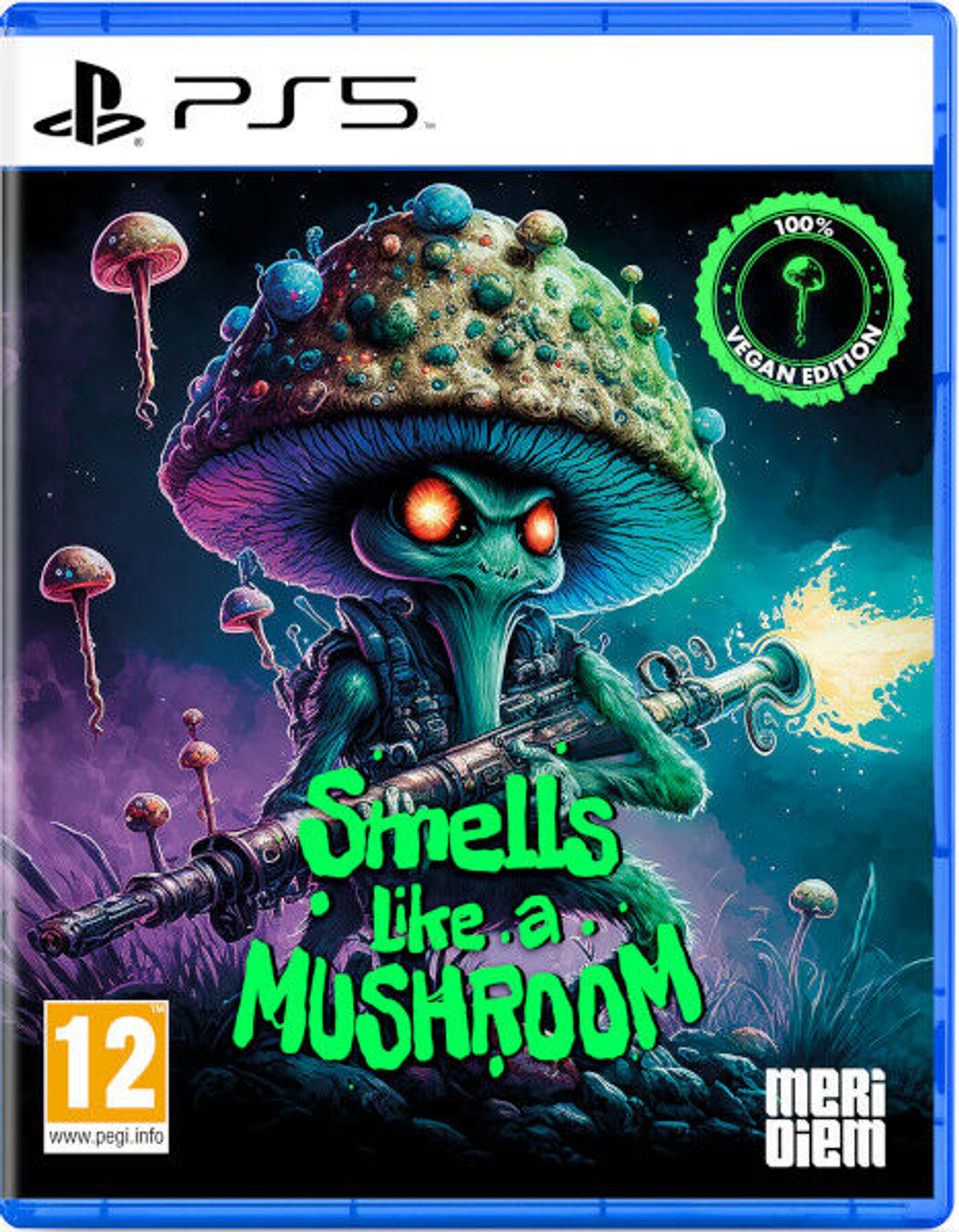Okładka gry PS5. Grzyb trzyma broń, tytuł 'Smells like a Mushroom'.