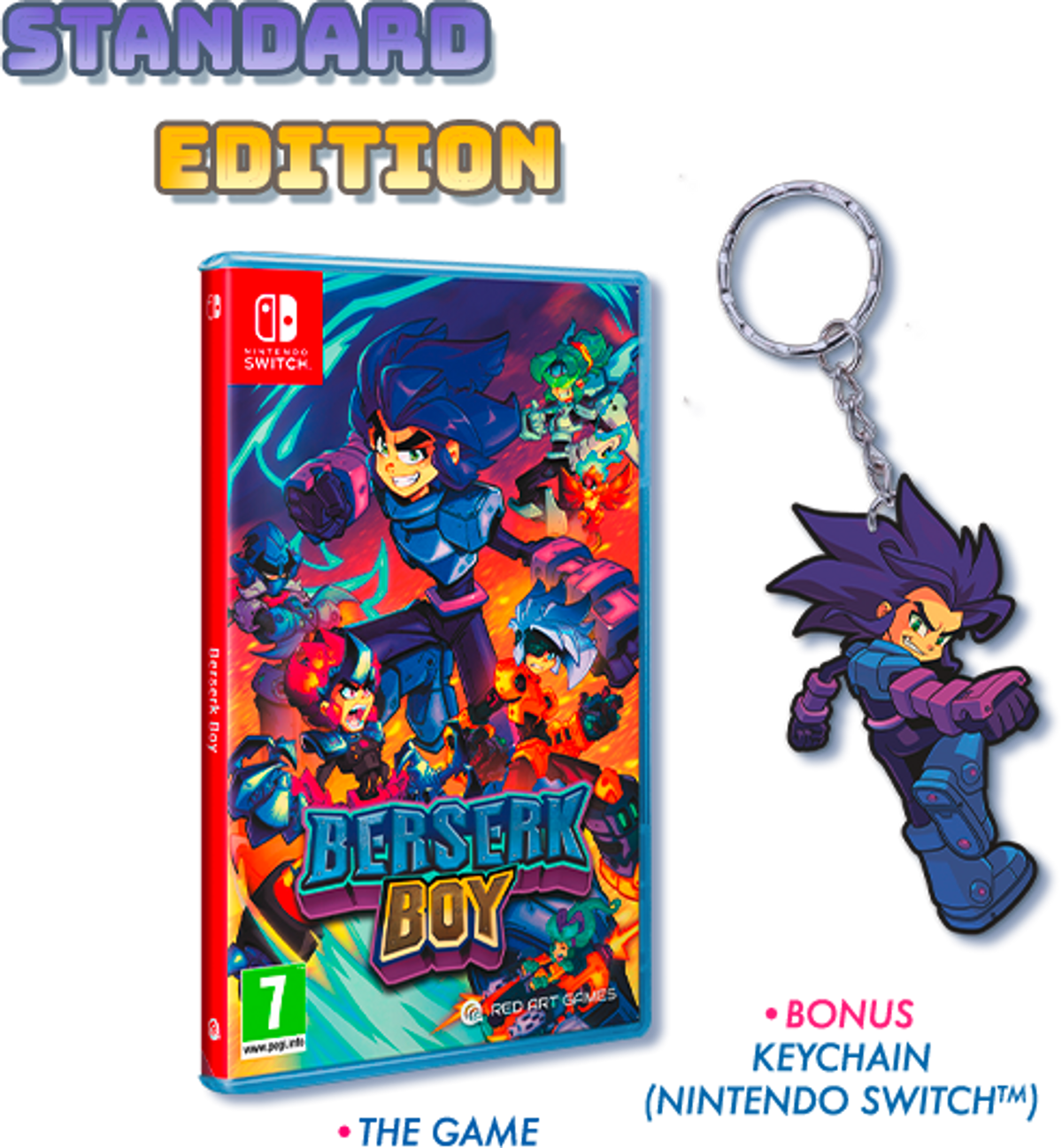 Eine Nintendo Switch-Spielbox und ein Schlüsselanhänger. Die Box trägt die Aufschrift 'Berserk Boy', der Anhänger zeigt eine Figur.
