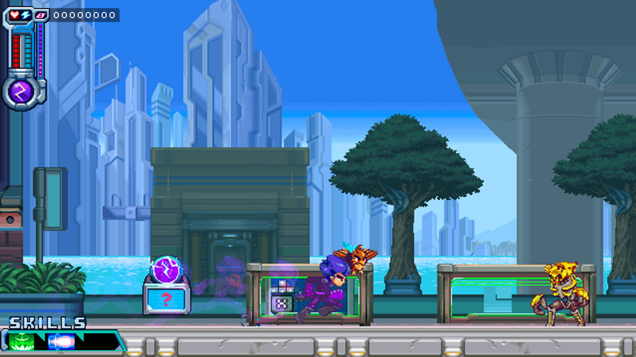 Escena de juego de píxeles. Personajes luchando. Fondo de ciudad futurista, colores brillantes, cielo azul.