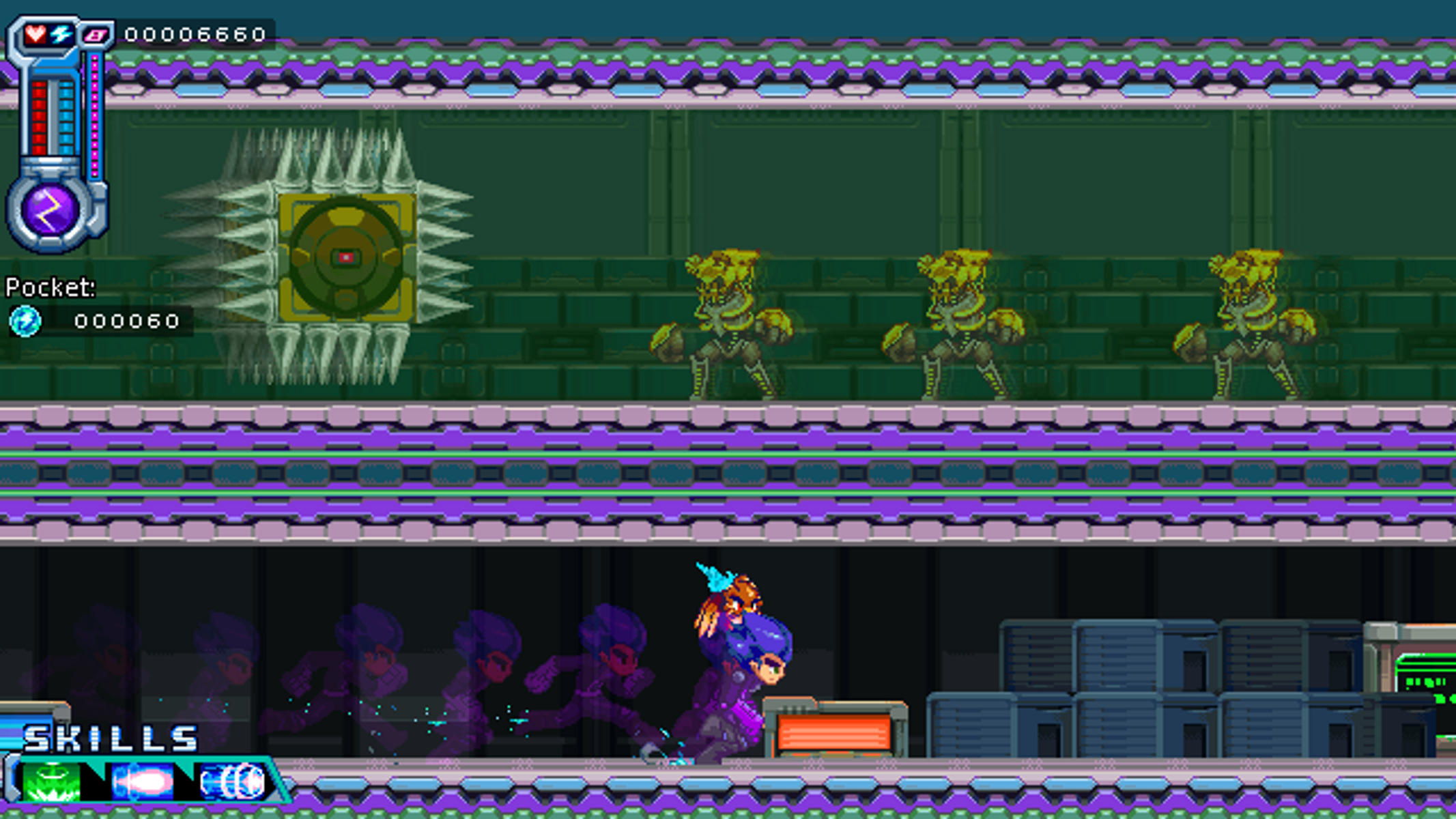 Escena de videojuego pixelada. Una mujer corre por un entorno futurista y colorido. Hay enemigos presentes.