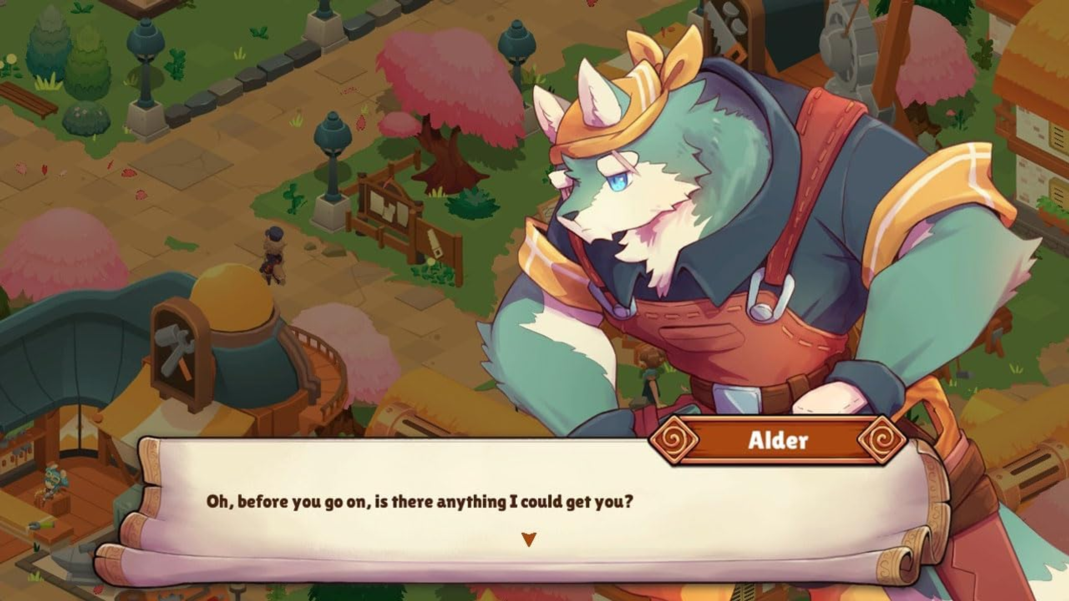Un personaje de lobo de dibujos animados en un juego. Burbuja de texto dice: '¿Puedo ayudarte?'