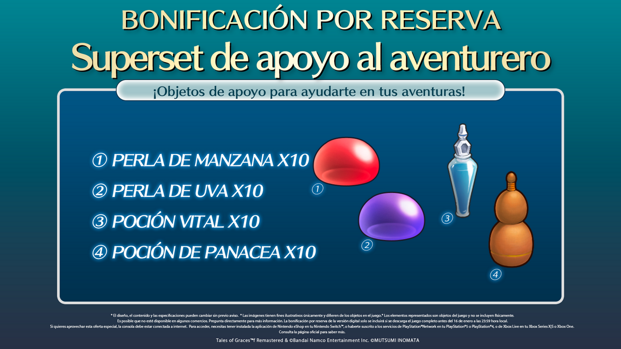 La imagen muestra objetos del juego: perlas de manzana y uva, pociones vitales y panaceas, todos en diferentes recipientes.