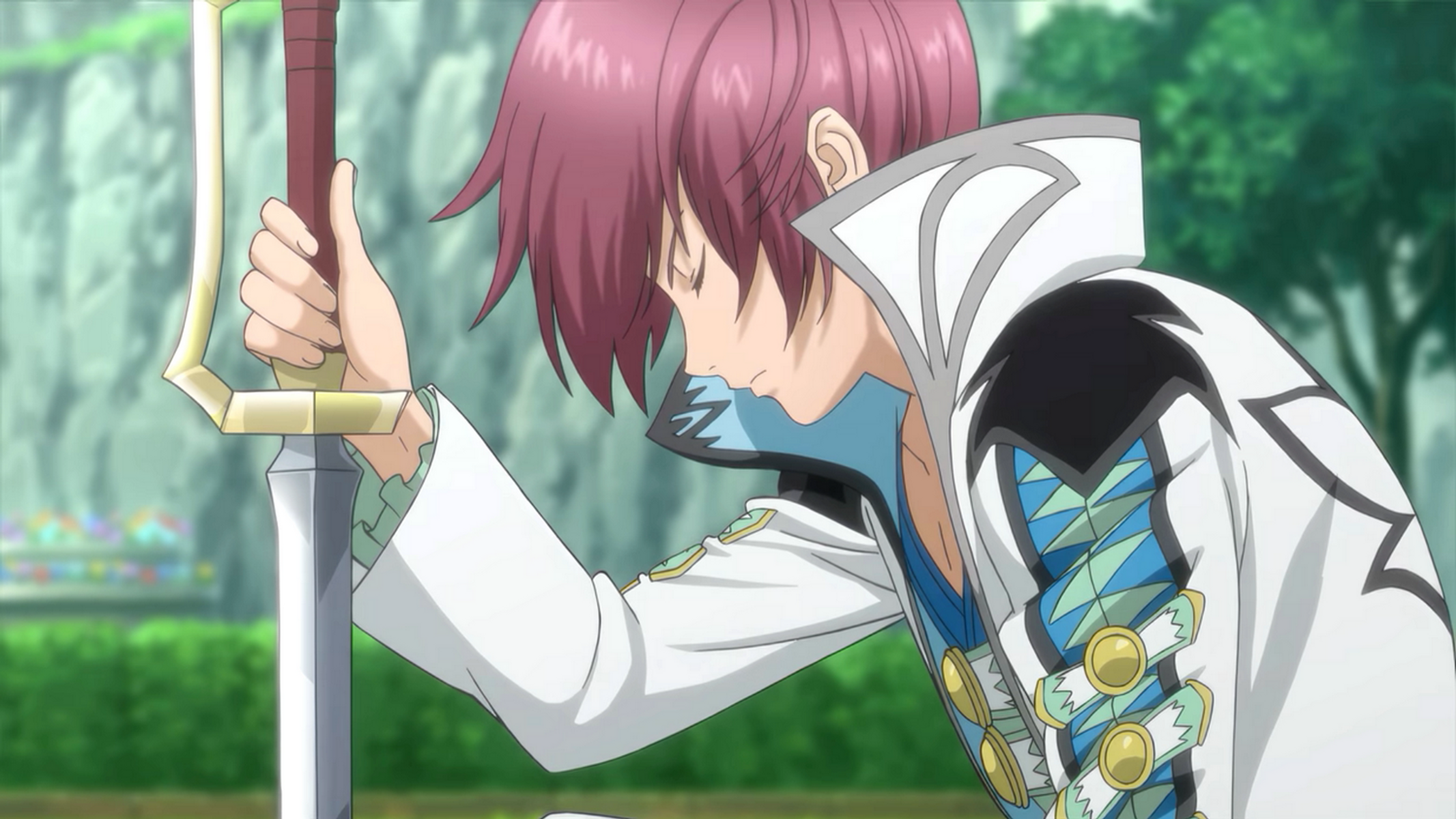 Personaje de anime sosteniendo una espada, con ropa blanca y azul, y cabello rosa.