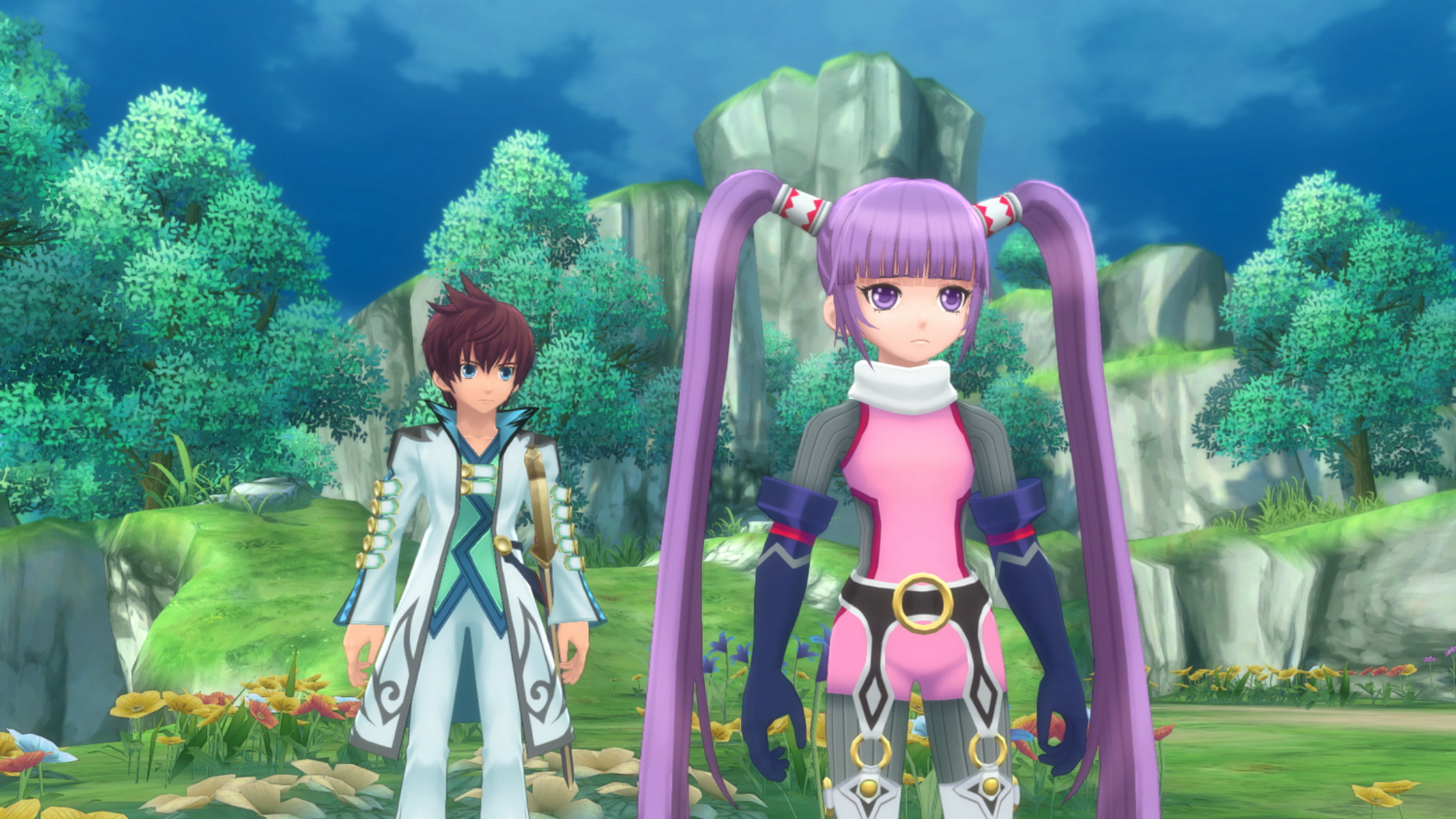 Dos personajes de anime están en un campo con árboles y una montaña.