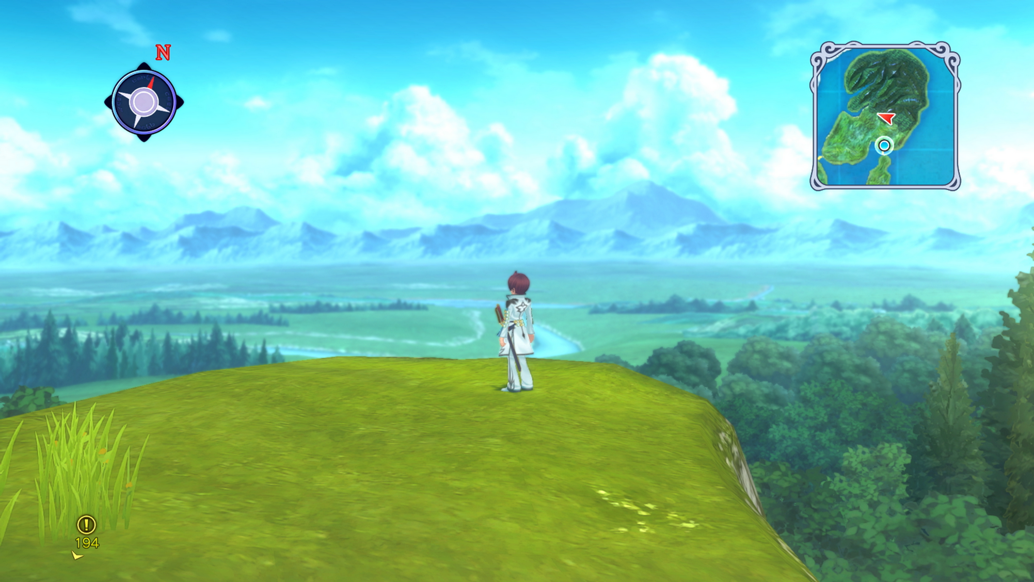 Un personaje de pie en una colina, con vistas a un paisaje de montañas, bosques y un mapa.