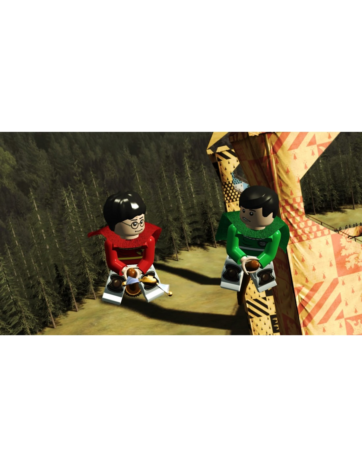 Personajes de Lego en escobas. Harry y otro en rojo y verde. Fondo de bosque.
