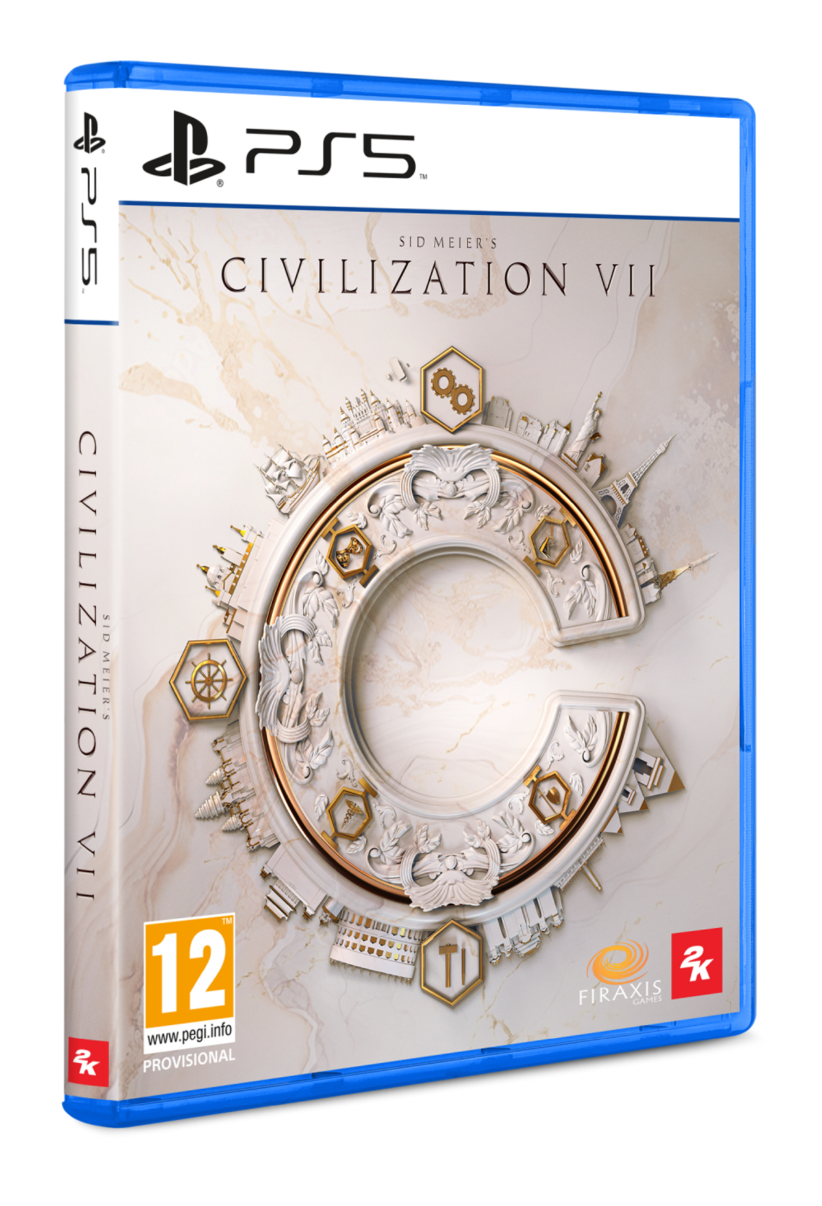 Caja de juego de PS5 para 'Civilization VII'. La caja es azul y blanca. El título del juego está en dorado.