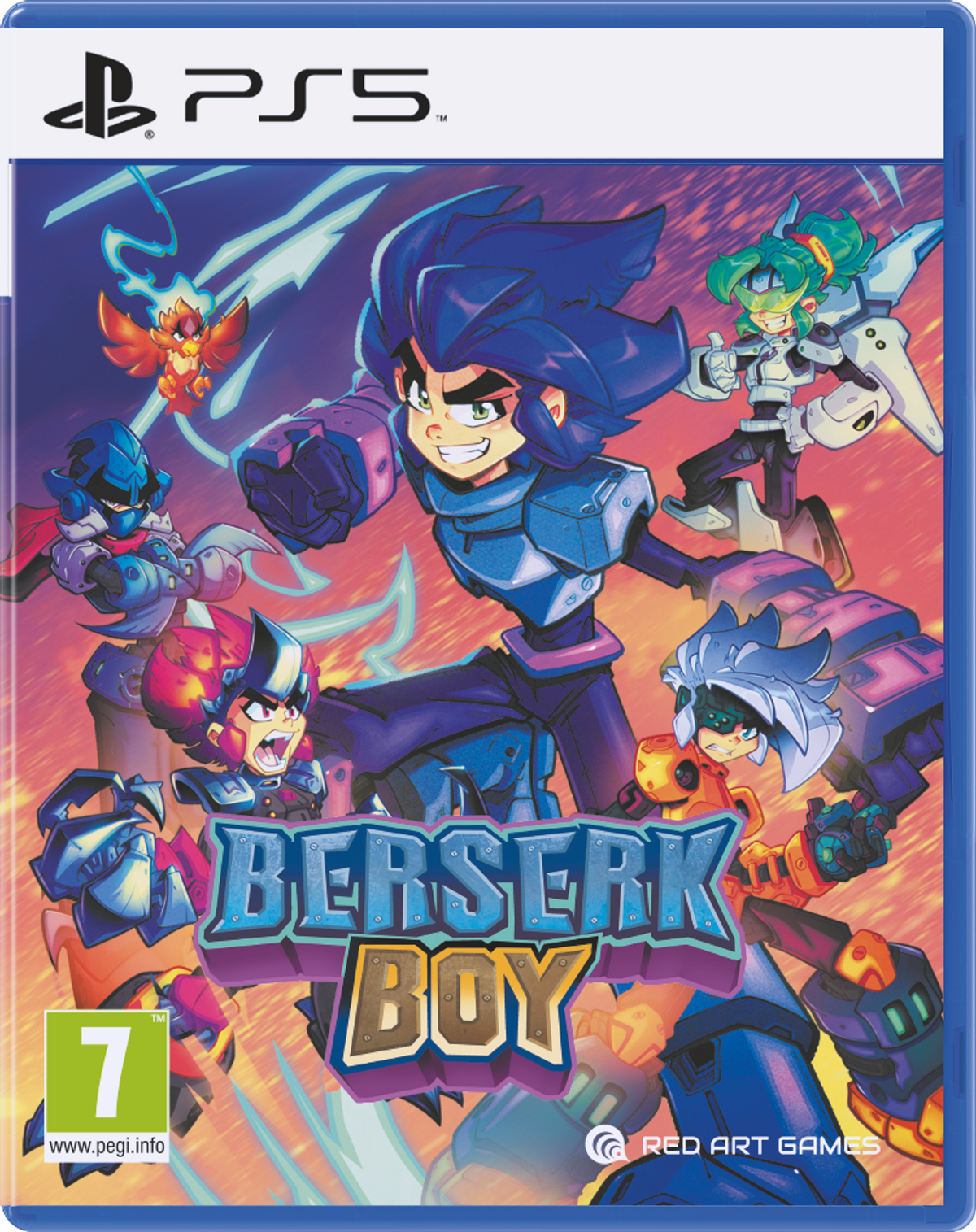 Portada del juego: 'Berserk Boy' para PS5. Presenta un personaje de pelo azul en acción con otros héroes.