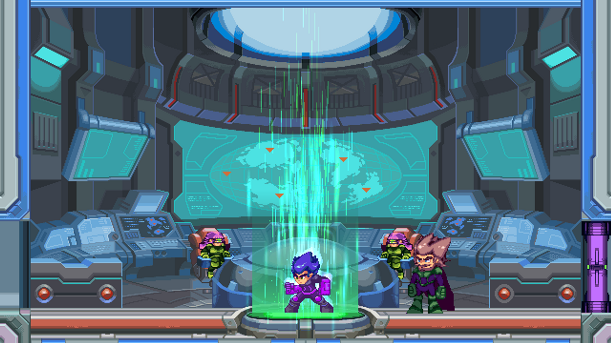 Escena de juego pixelada con personajes en una sala de control futurista. Efectos de luz verde.