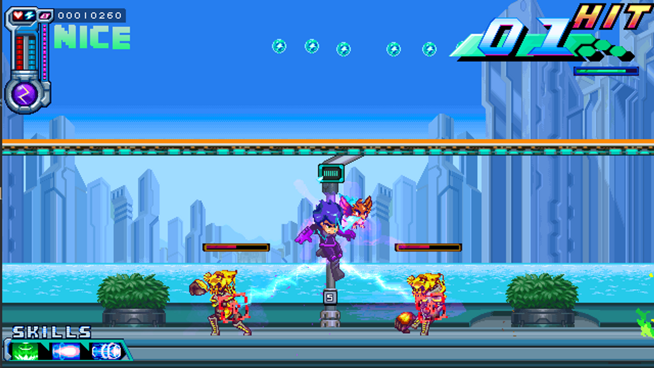 Escena de videojuego pixelada. Dos personajes luchando con efectos de neón. Fondo de ciudad.