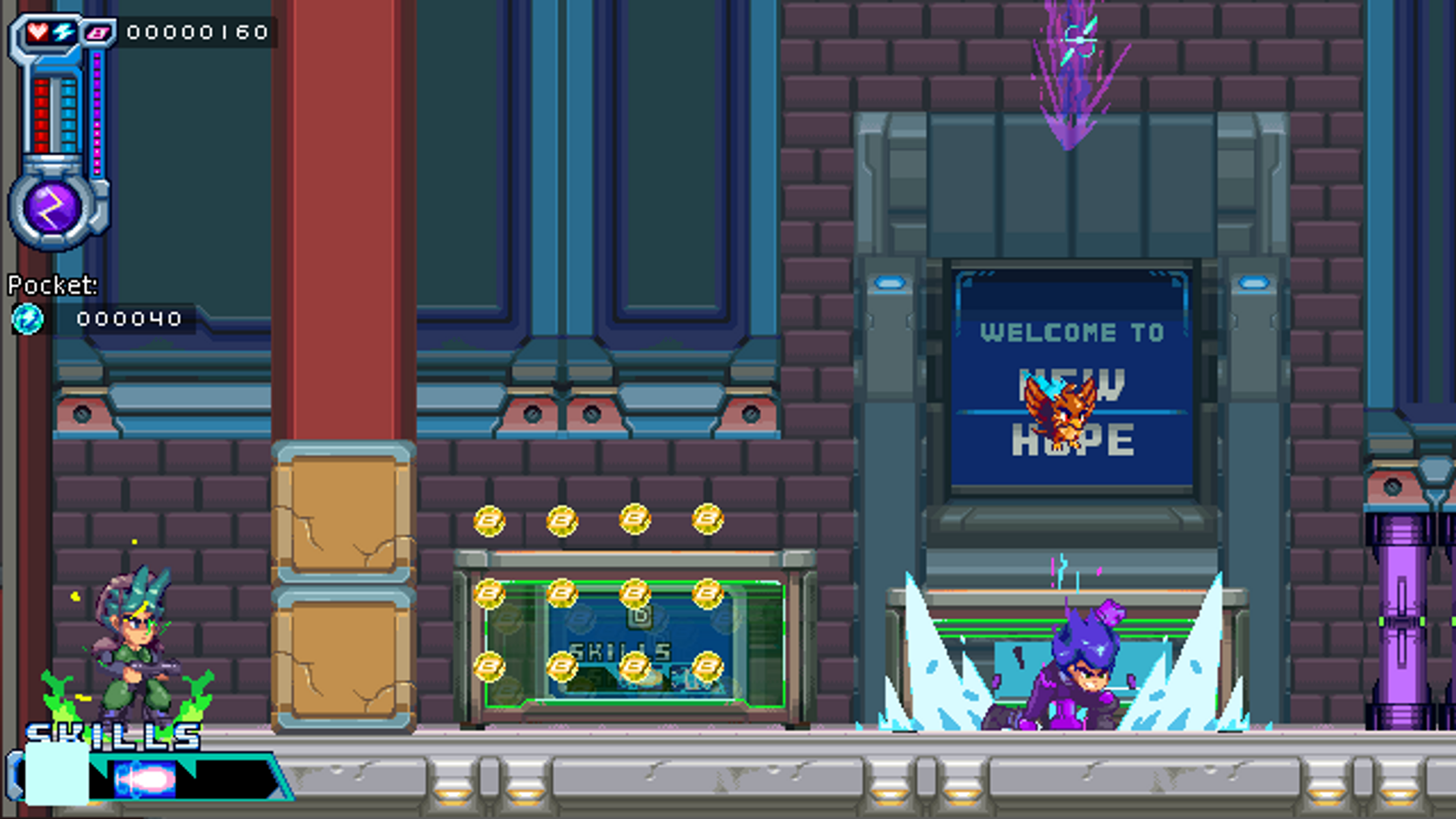 Escena de juego pixelada con un personaje disparando a los enemigos. Texto: Bienvenido a New Hope.