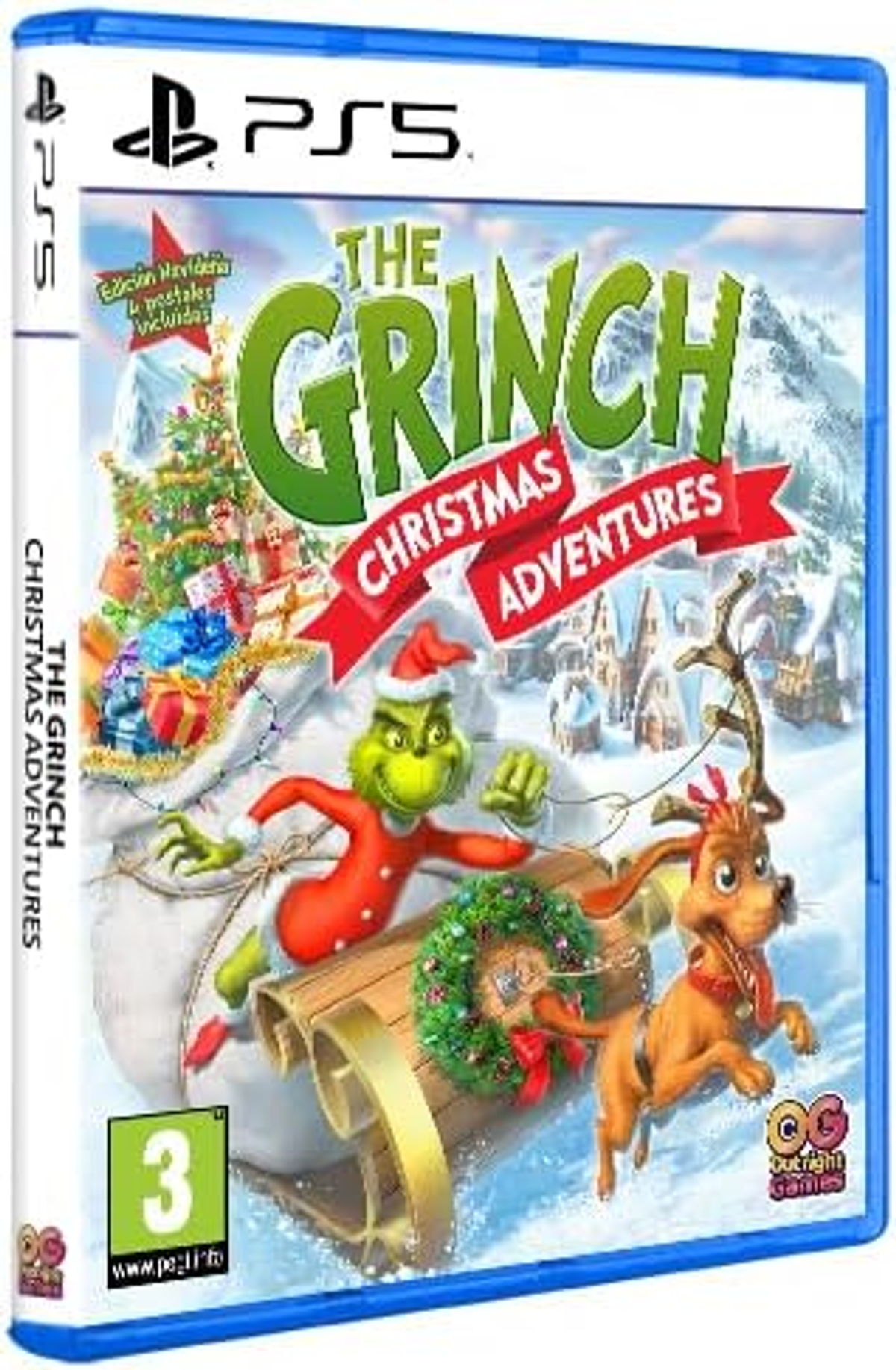 Pudełko gry PS5 dla 'The Grinch Christmas Adventures'. Okładka przedstawia Grincha i renifera.