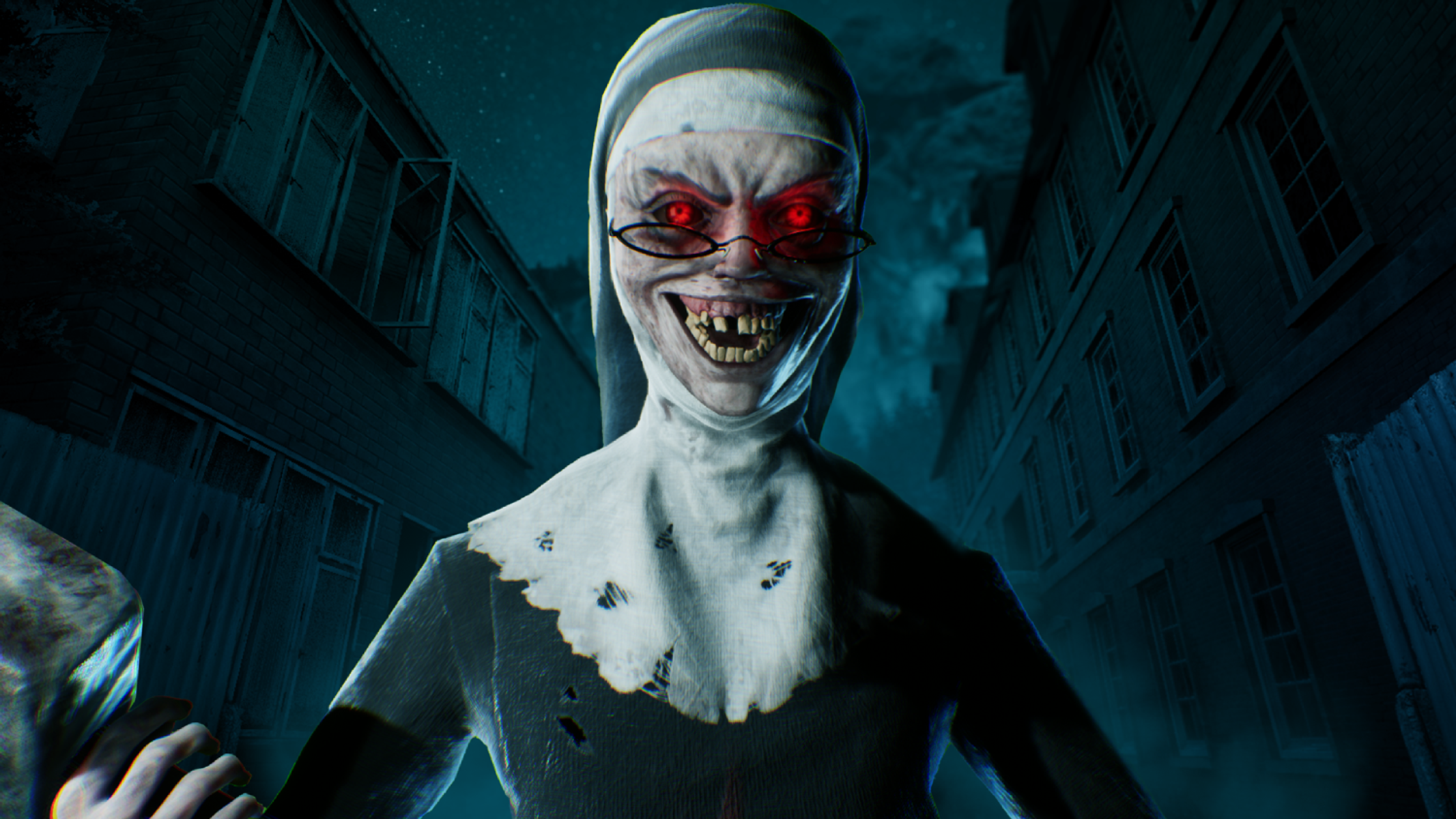Eine gruselige Nonne mit roten Augen und einem gruseligen Lächeln in einer dunklen Gasse.