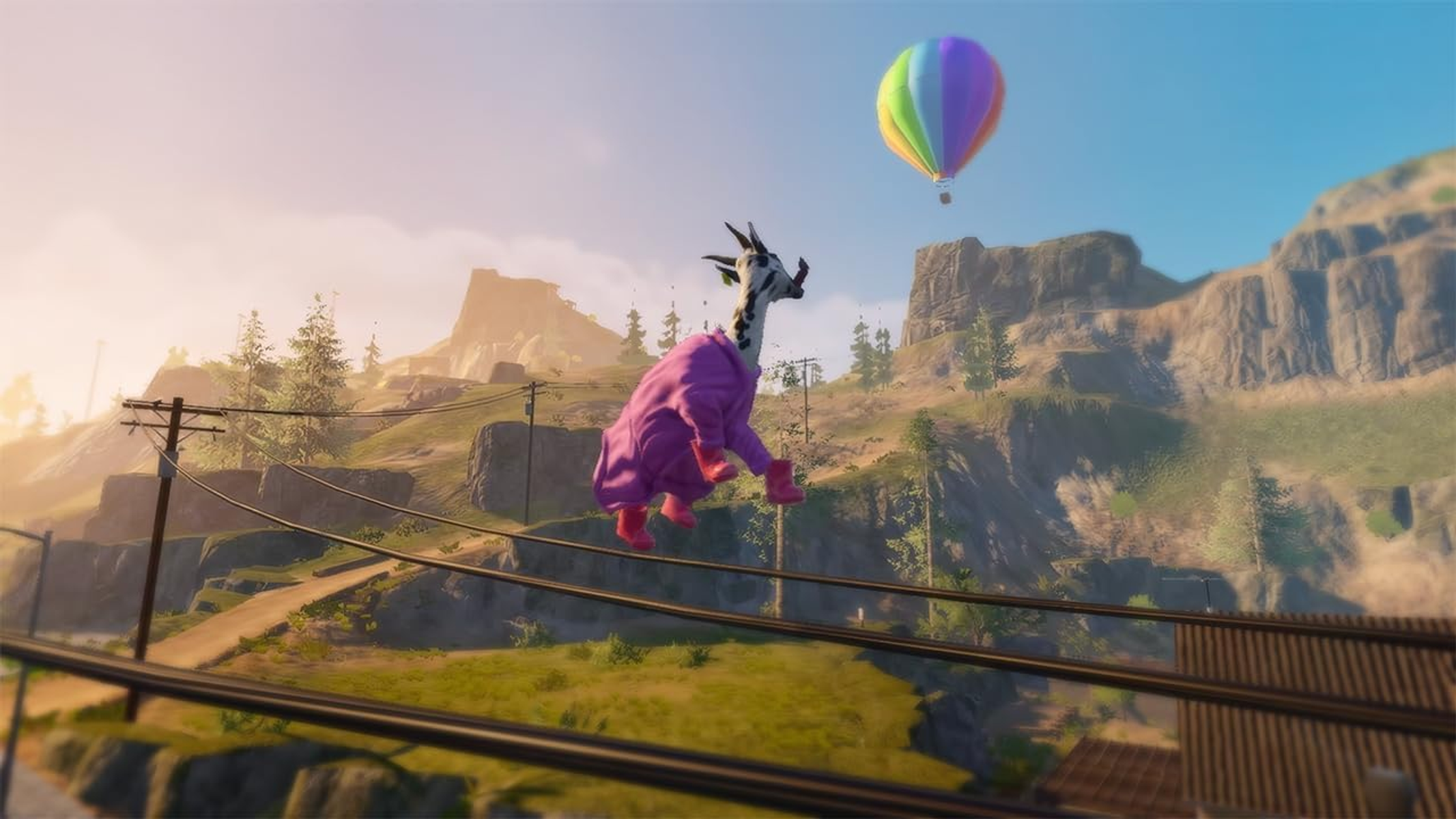 Una cabra con un vestido morado vuela por el aire con un globo de arcoíris al fondo.