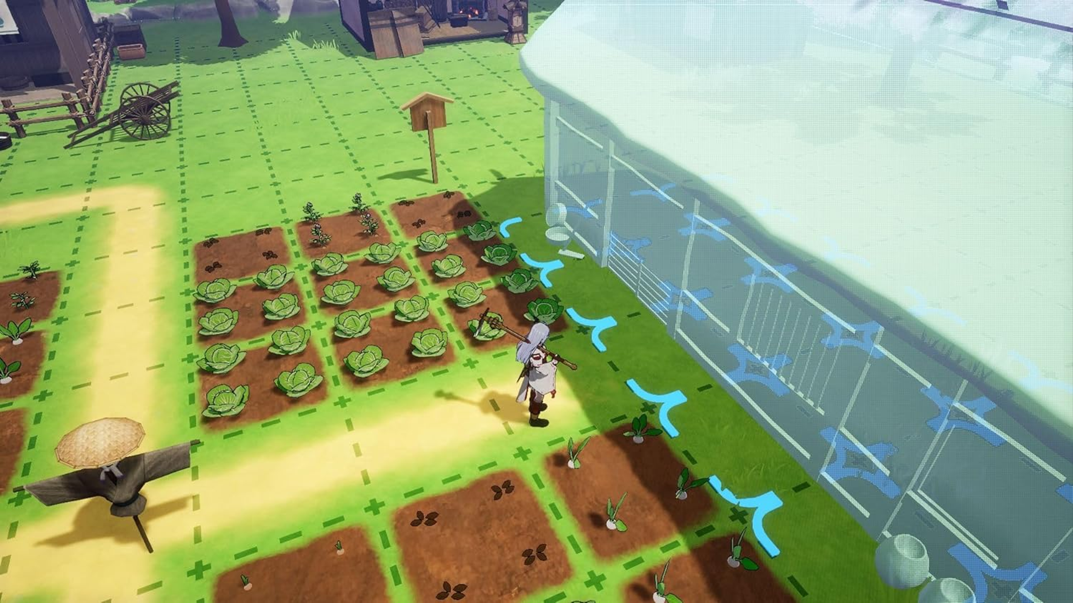 Vista dall'alto di una scena di gioco con un personaggio in un campo, circondato da colture.