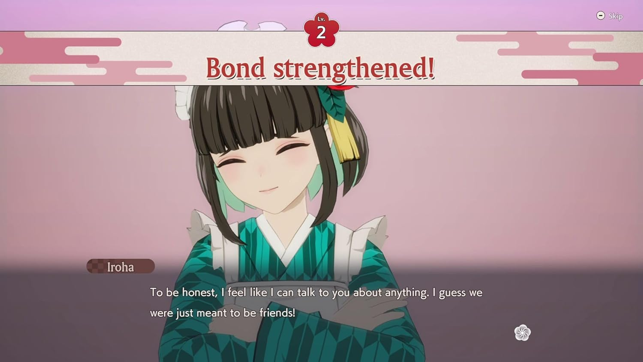 Personaggio in stile anime sorridente, fumetto: "Bond strengthened!". Sfondo: stanza con motivo floreale rosa.