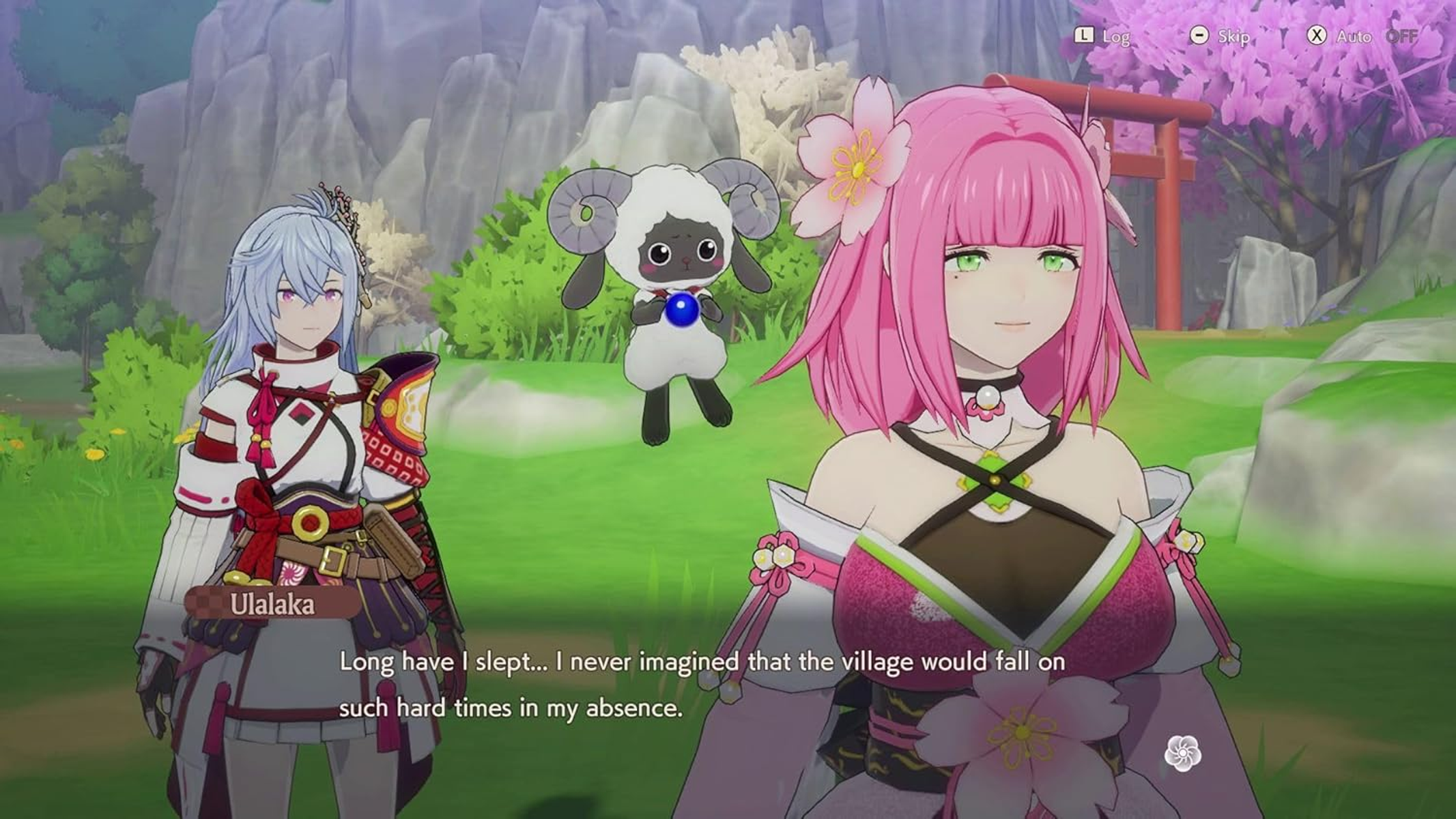 Una scena di gioco con due personaggi in stile anime e una creatura simile a una pecora in un'ambientazione di villaggio.