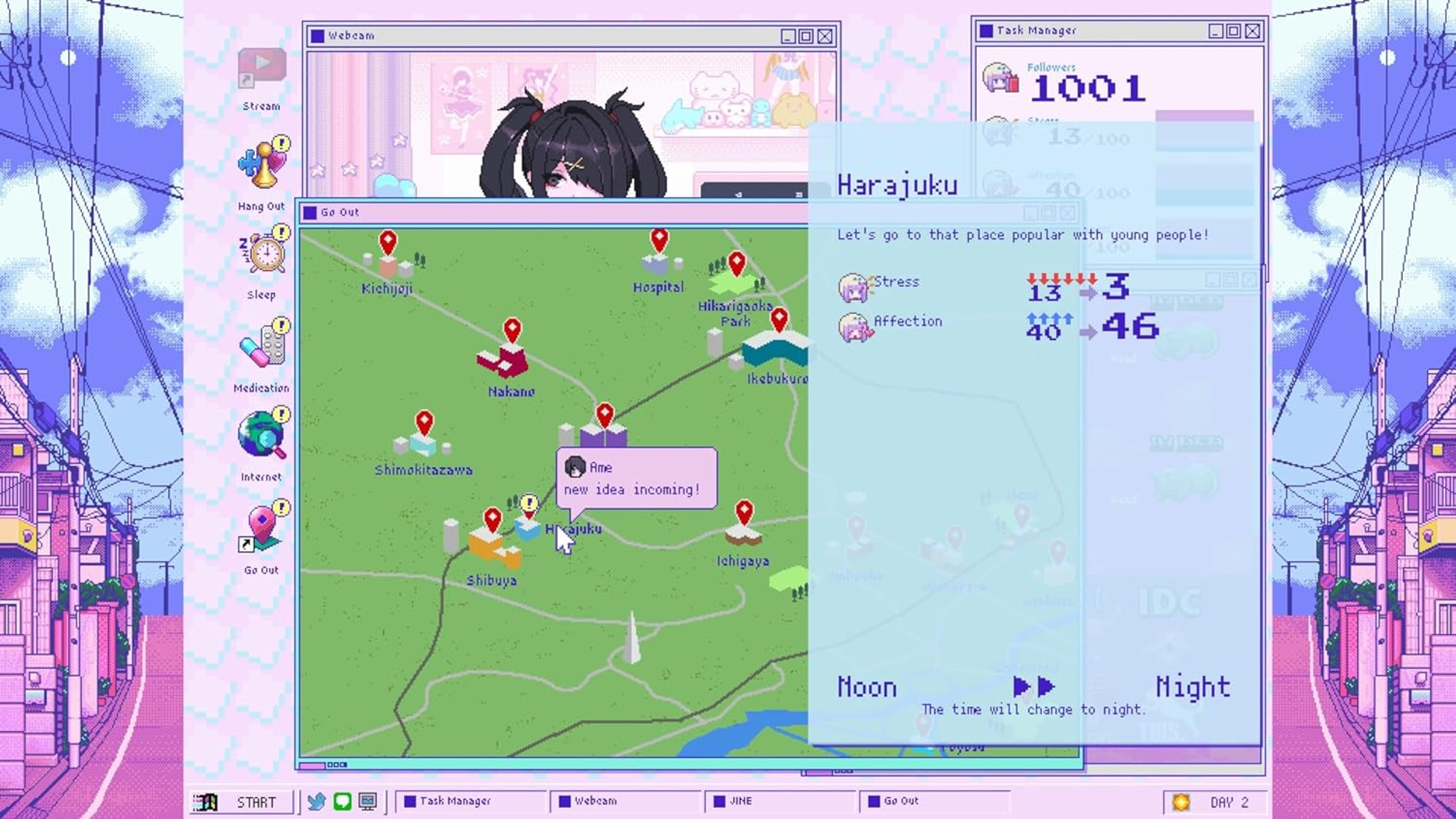 Interfaccia desktop con mappa, personaggio e task manager. Il tema è pastello.