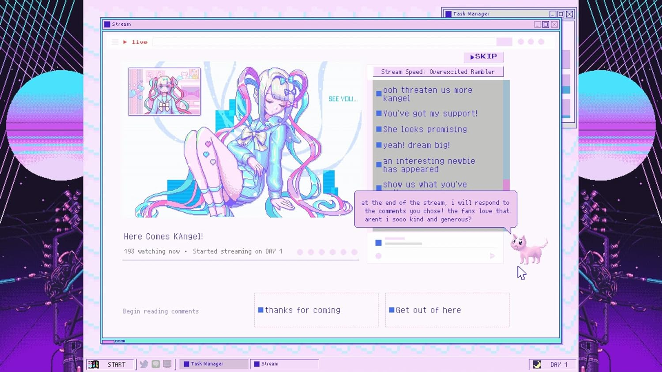 Un'interfaccia di streaming pixel art mostra uno streamer, messaggi chat e un cursore gatto.