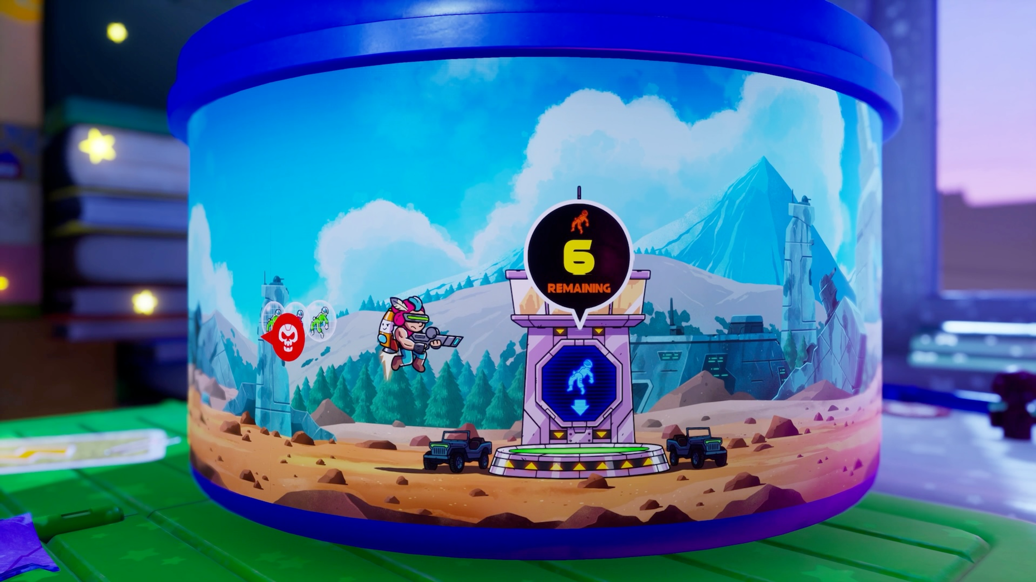 Un contenitore a forma di secchio colorato con una scena di gioco, un personaggio e un timer per il conto alla rovescia.