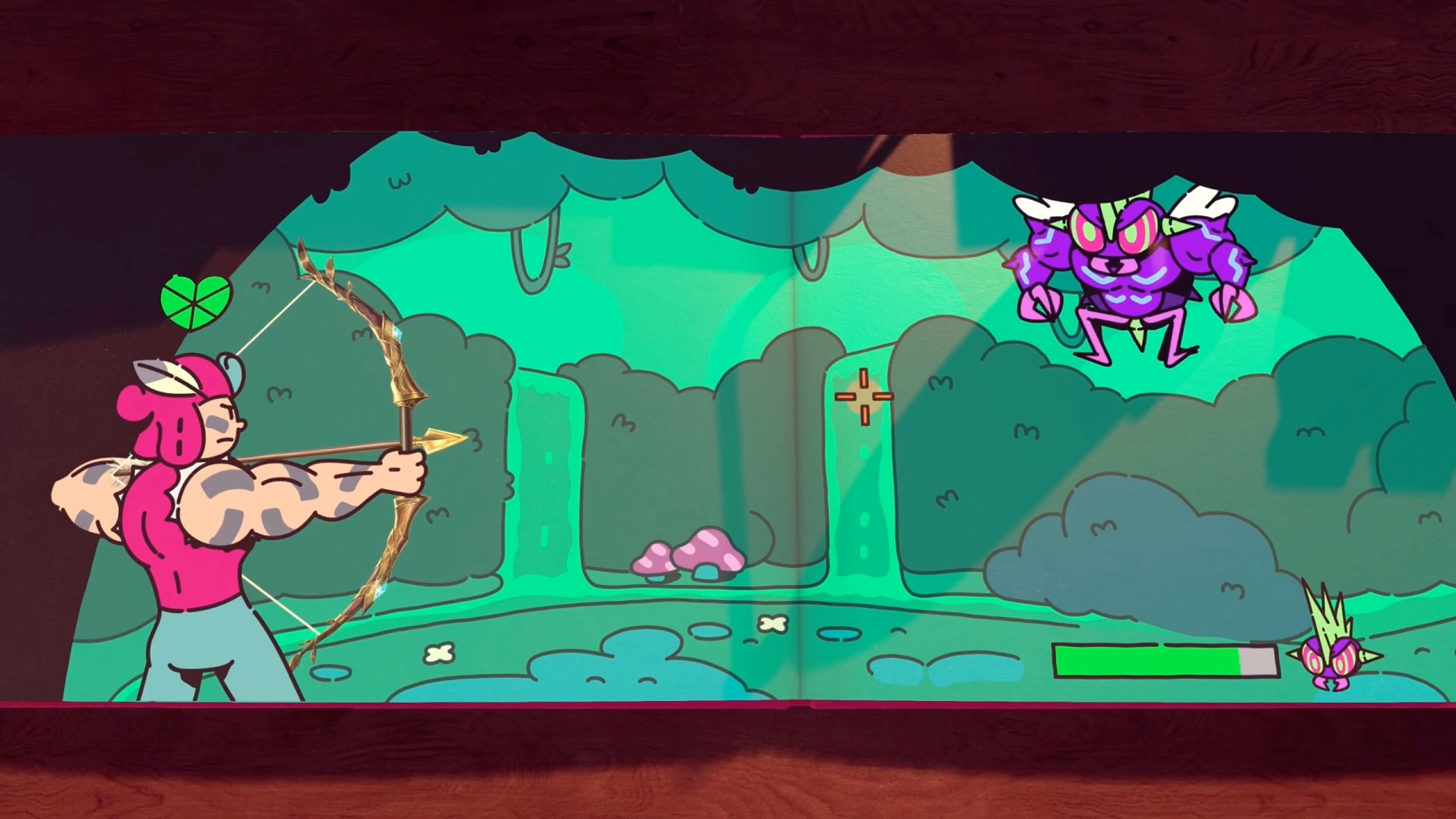 Escena de dibujos animados: personaje apunta con arco a un monstruo en un bosque.