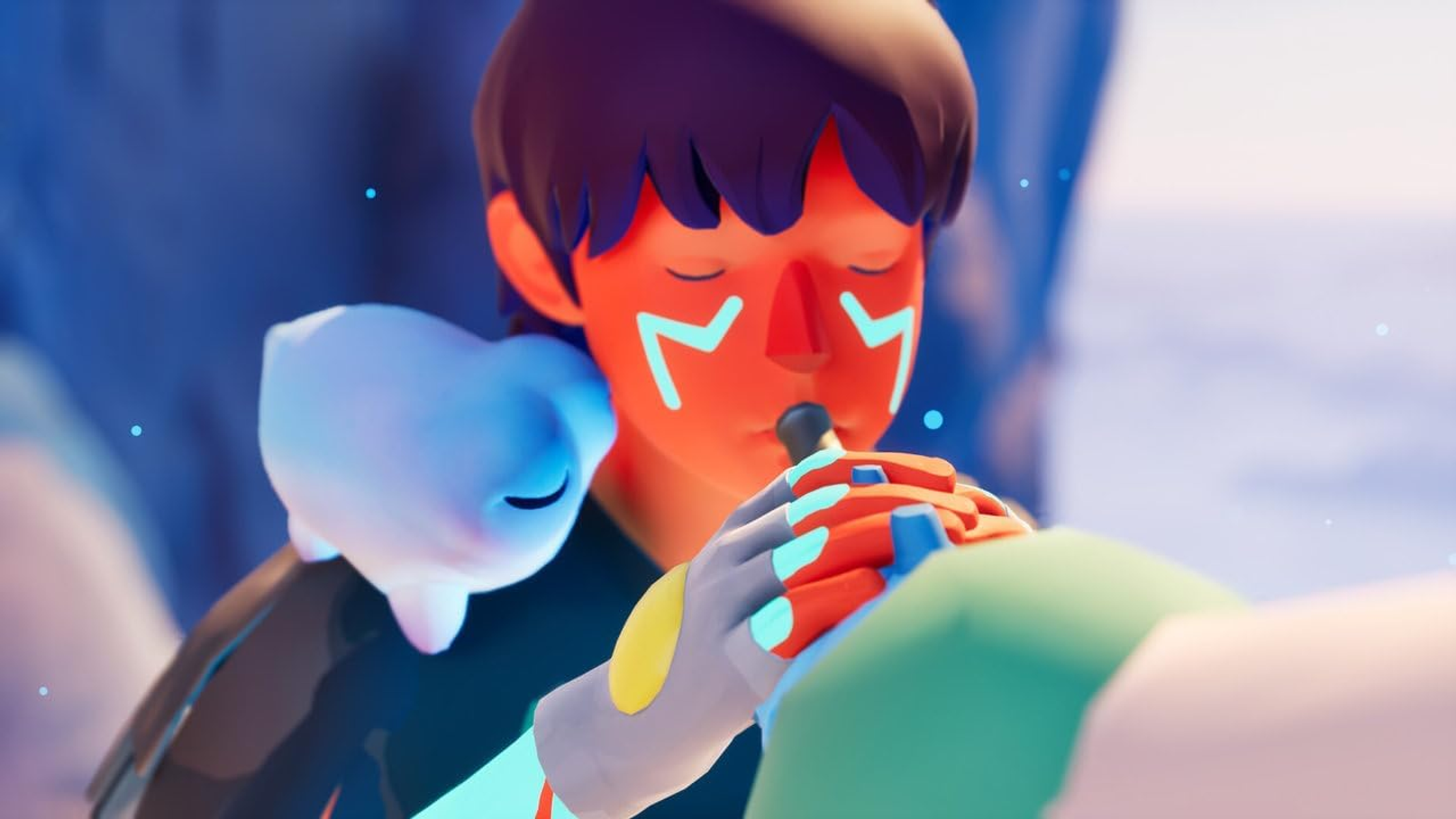 Un personaggio animato con pittura facciale che suona uno strumento a fiato con un piccolo animale.