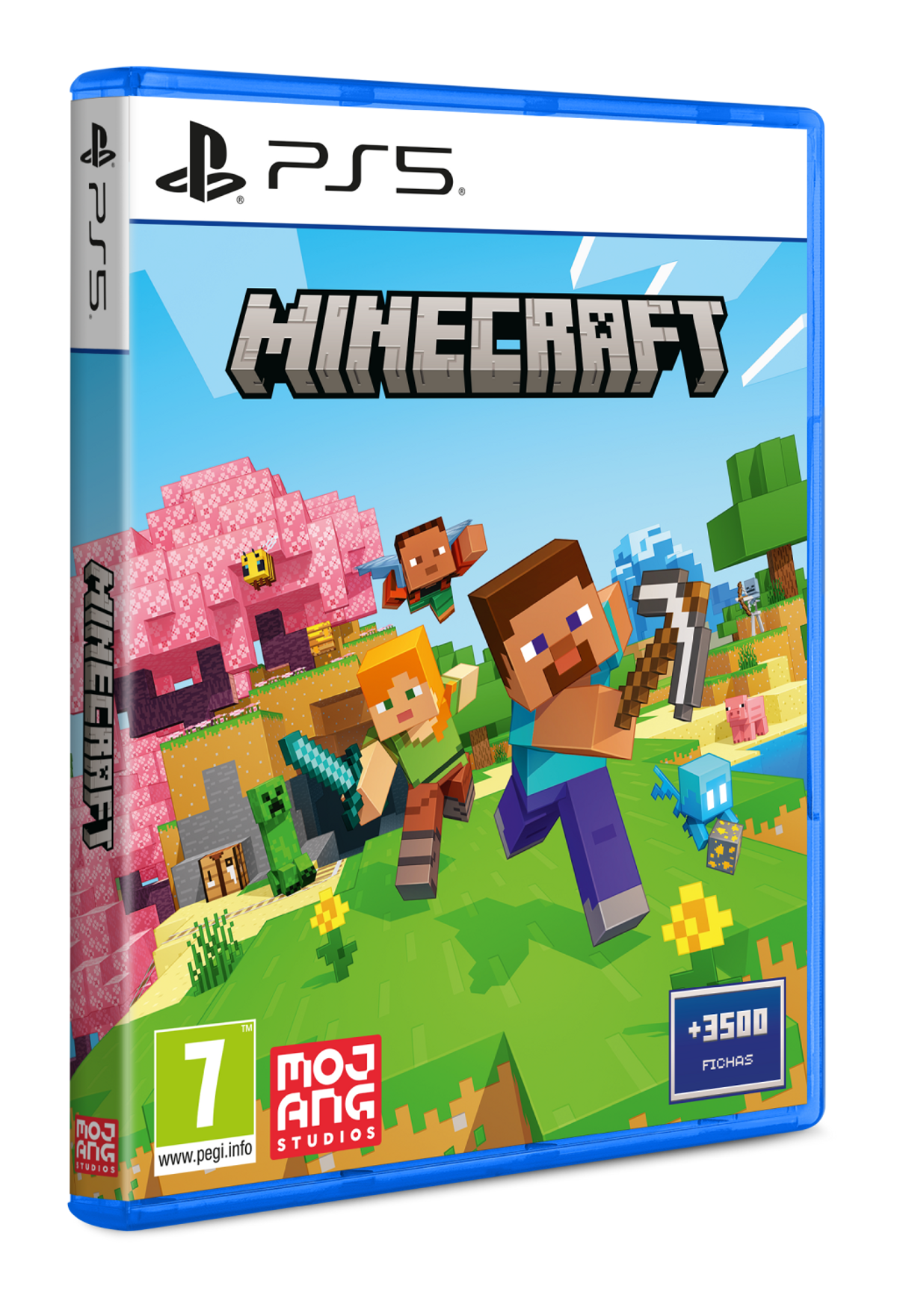 Una scatola di gioco per Playstation 5 con personaggi di Minecraft.