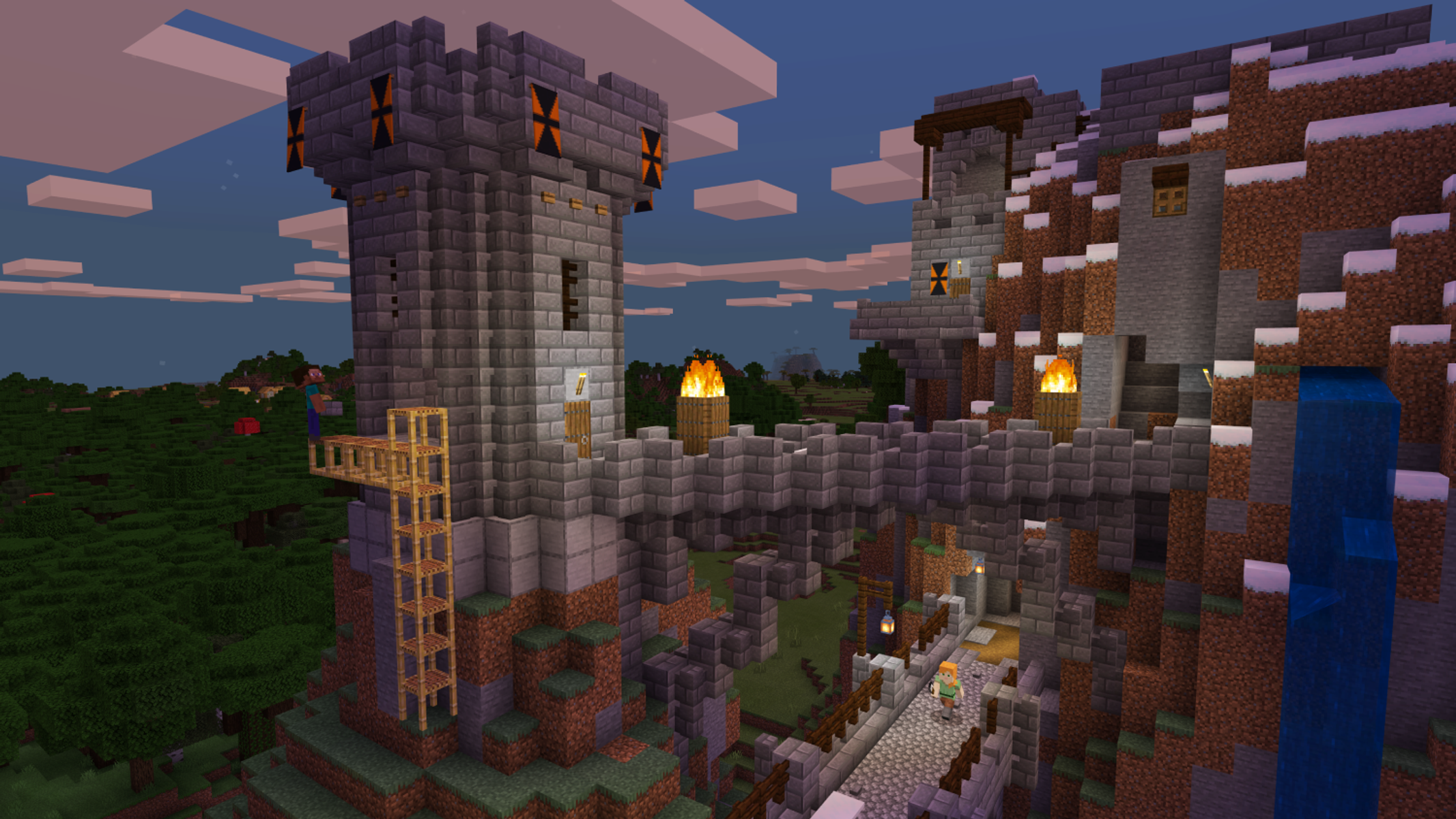 Scena di Minecraft, castello su una collina, ponte, torce e una cascata al tramonto.