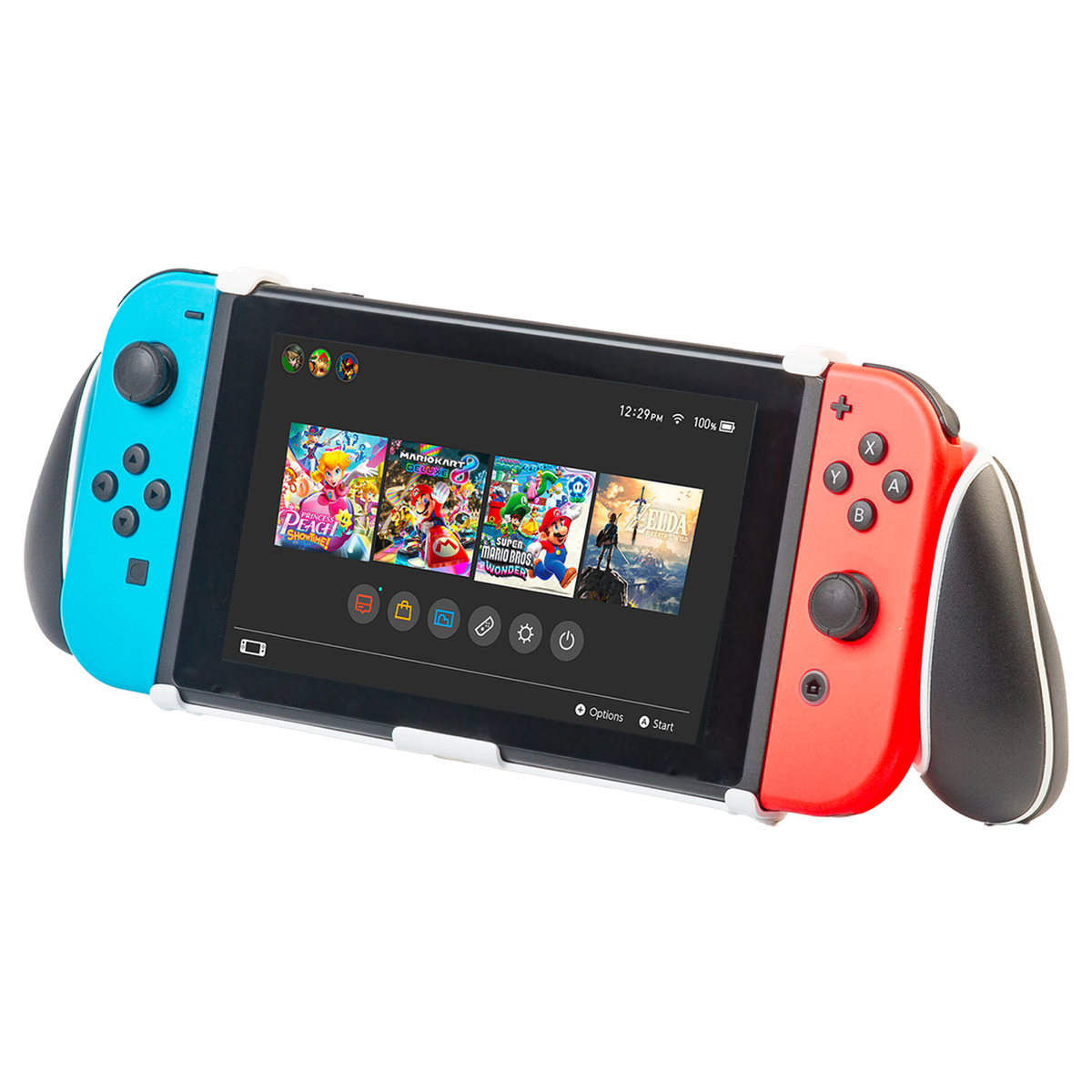 Consola Nintendo Switch con Joy-Cons. Pantalla muestra menú de selección de juegos.