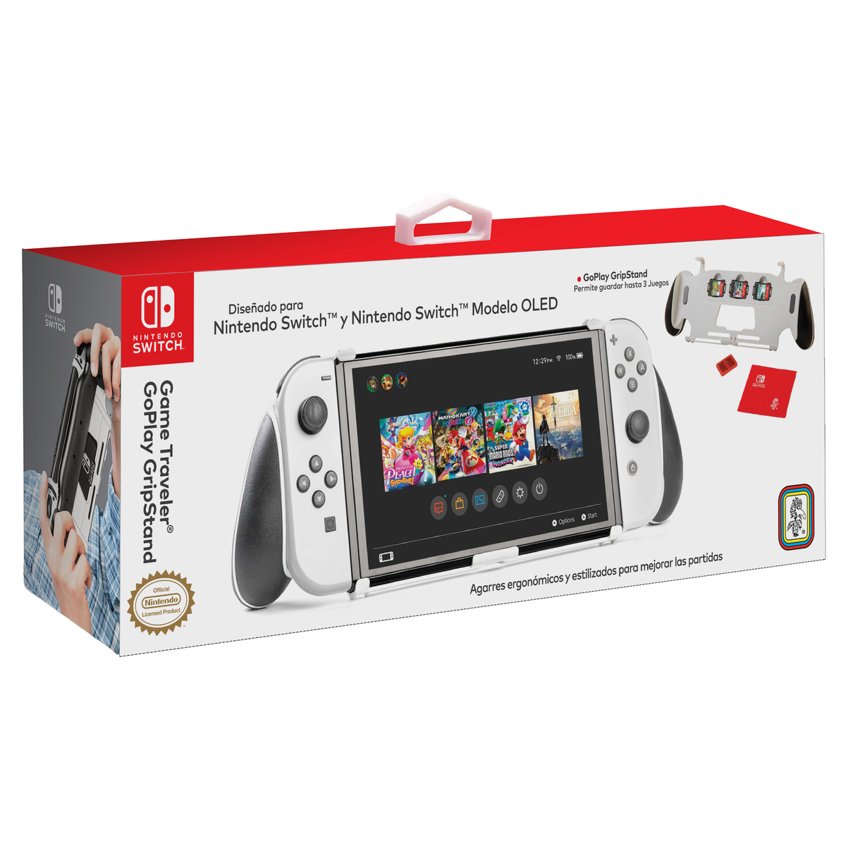 Modelo Nintendo Switch OLED en caja blanca GoPlay GripStand, mostrando consola y mandos.