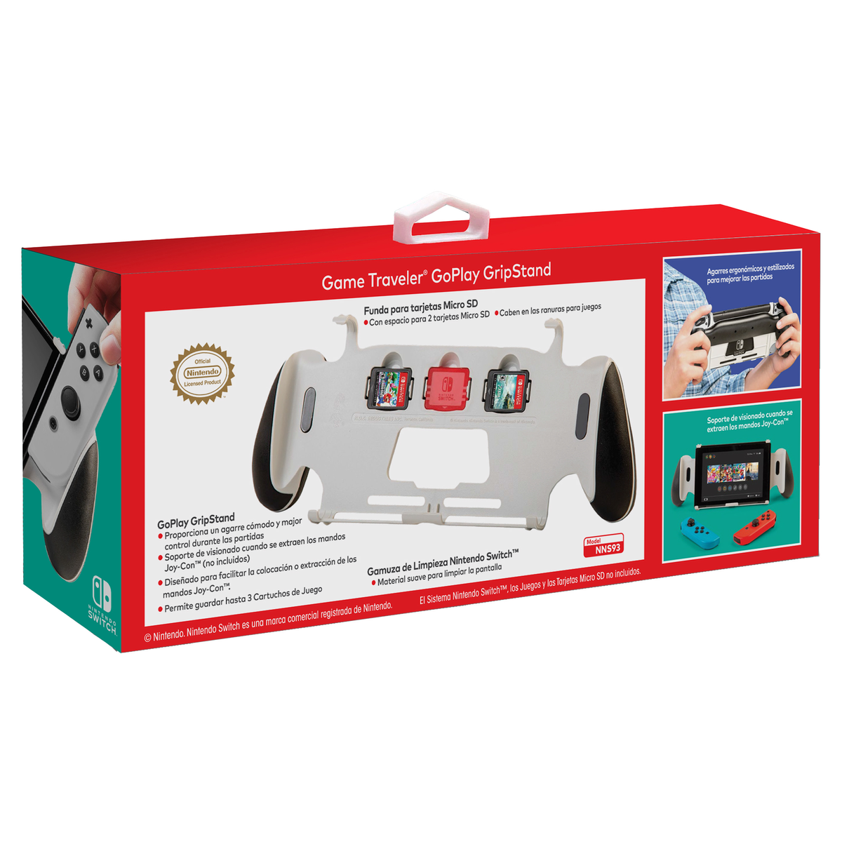 Caja Game Traveler GoPlay GripStand. Una consola de juegos está conectada al soporte.