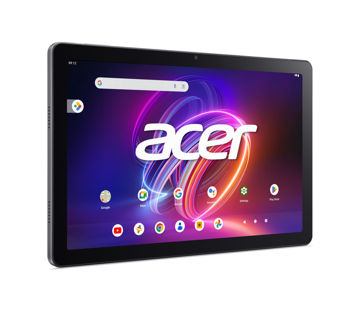 Tableta Acer, vista en ángulo. La pantalla muestra el logotipo de Acer e iconos de aplicaciones.
