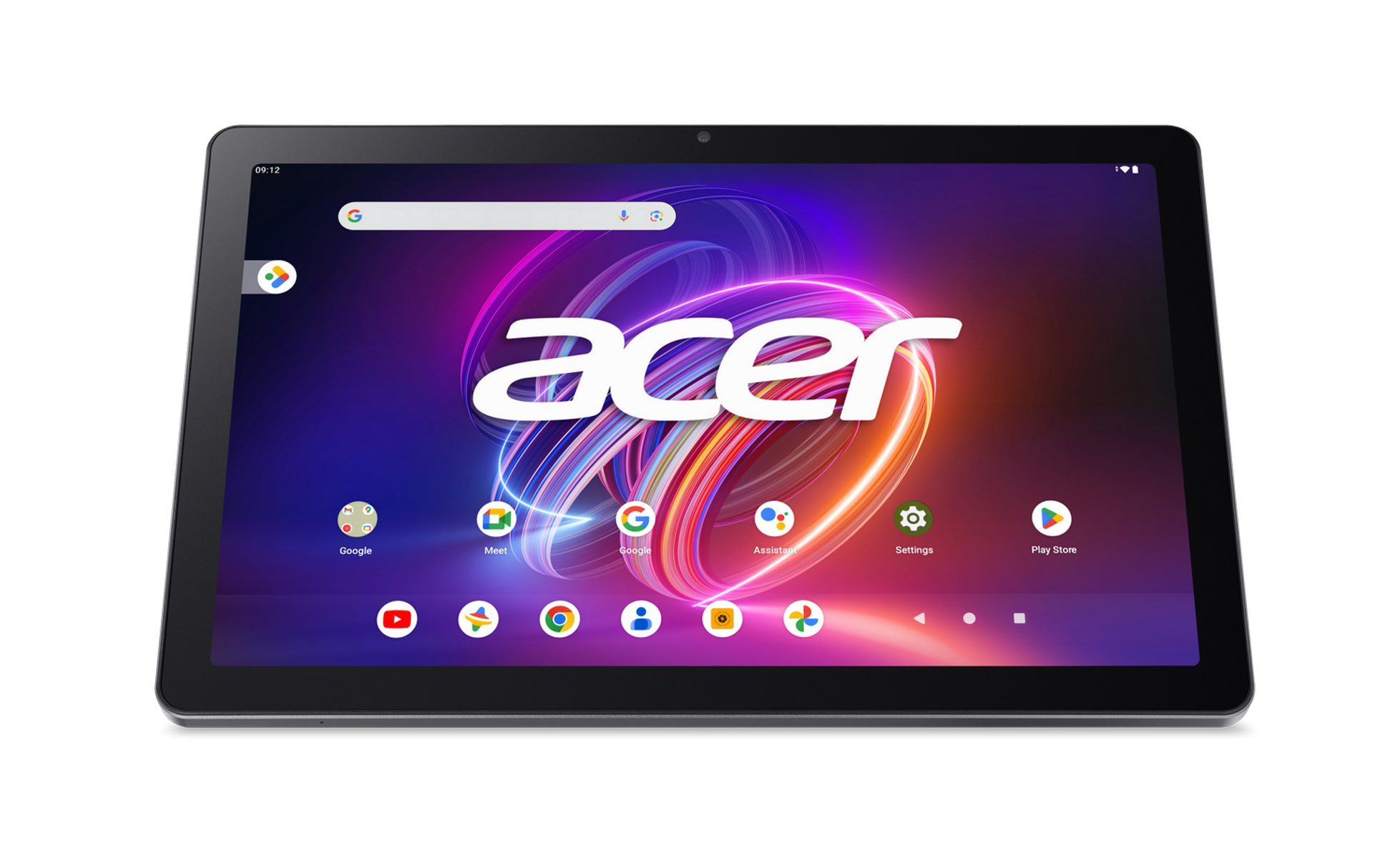 Tableta Acer sobre una superficie negra. La pantalla muestra un gráfico colorido y el logo de Acer.