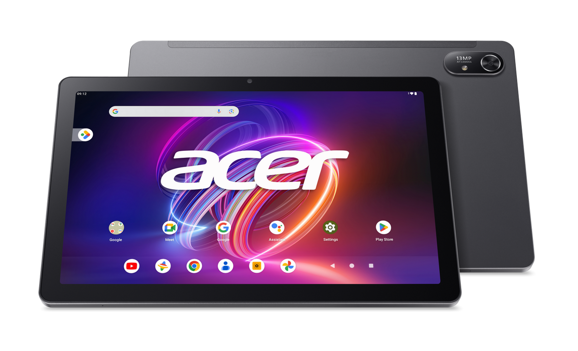 Tableta, gris oscuro, con la pantalla que muestra aplicaciones y el logotipo de Acer. Hay otra tableta detrás.