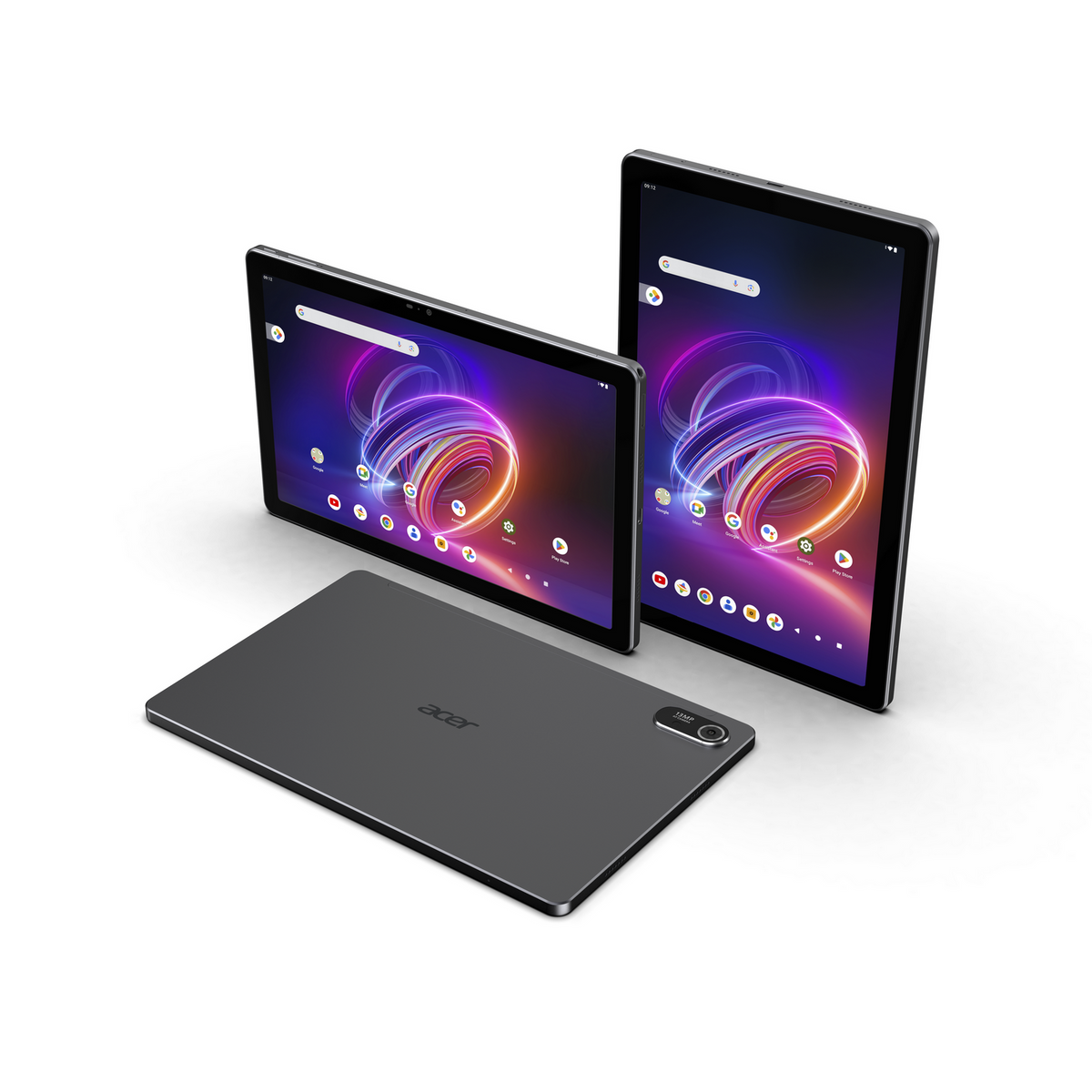 Tres tabletas, dos verticales y una plana, que muestran una pantalla colorida. El logotipo de Acer es visible.
