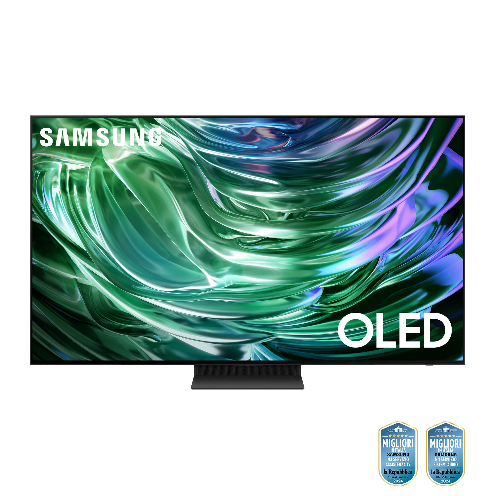 Un téléviseur Samsung OLED. L'écran affiche des formes abstraites vertes et blanches avec un cadre et un support noirs.