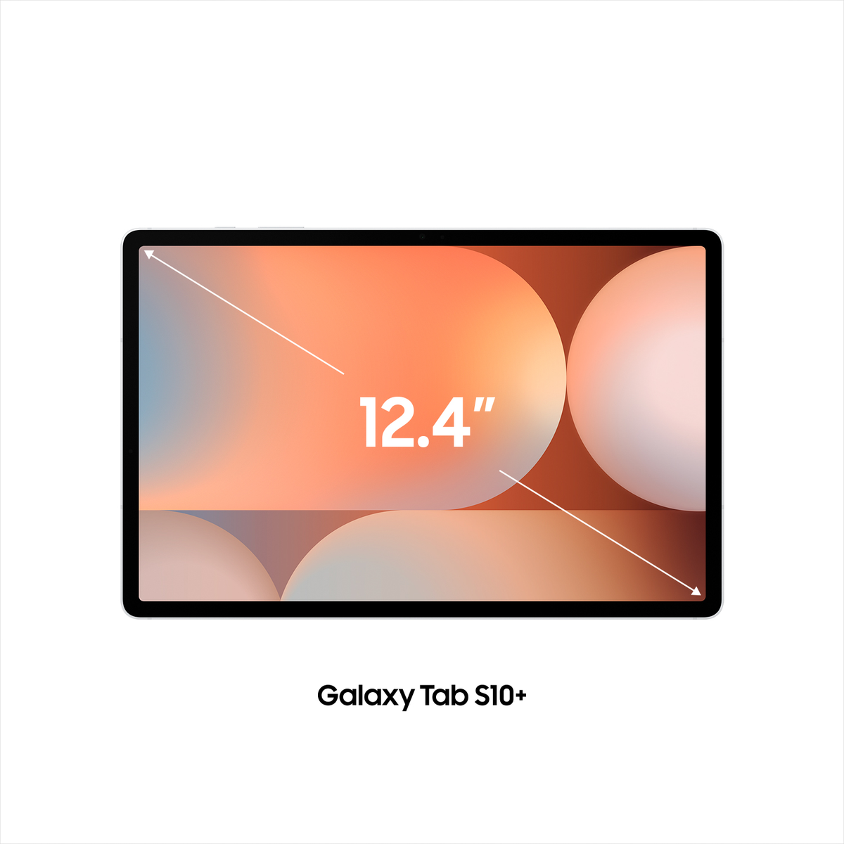 Een tablet toont een scherm met een verloopachtergrond en de tekst '12,4". De tekst 'Galaxy Tab S10+' staat onderaan.